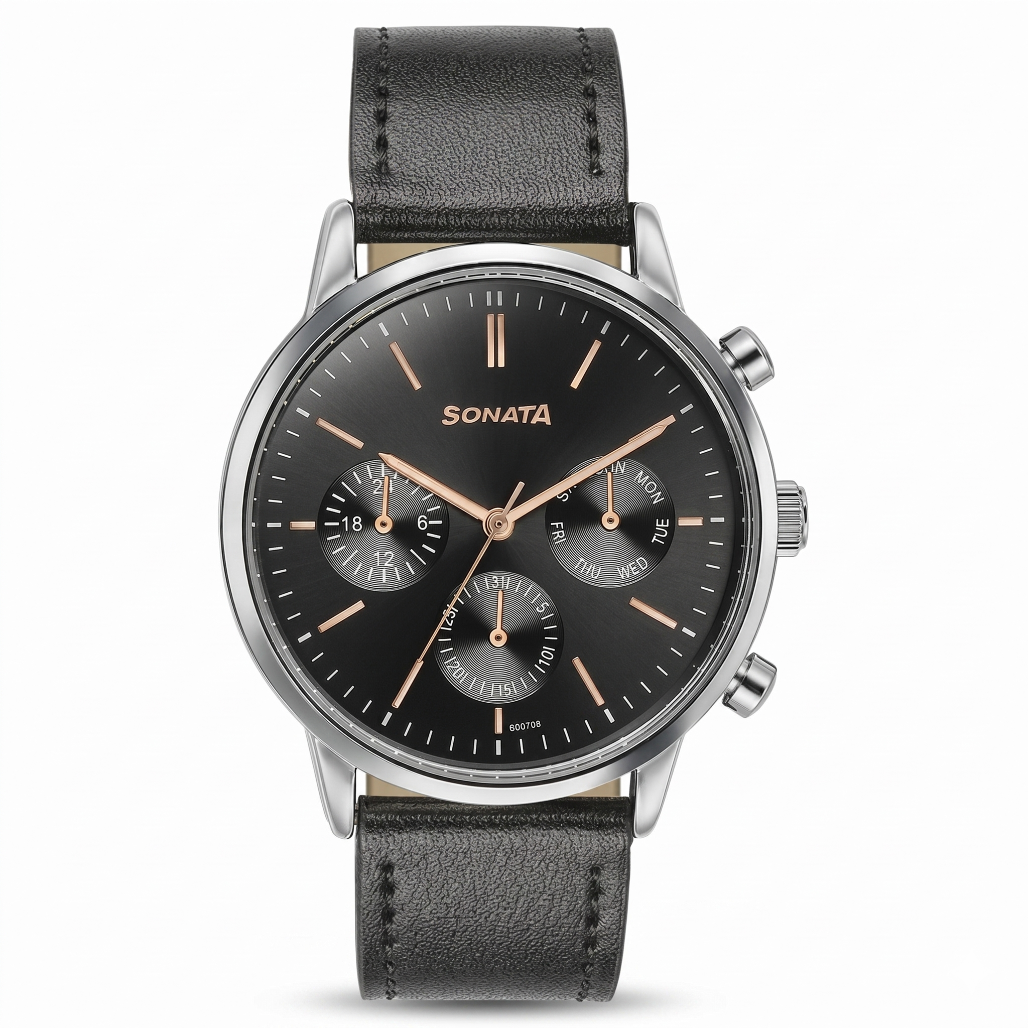 Sonata 77139SL03 | Sonata Quartz Multifunction Black Dial Black Leather Strap Watch For Men