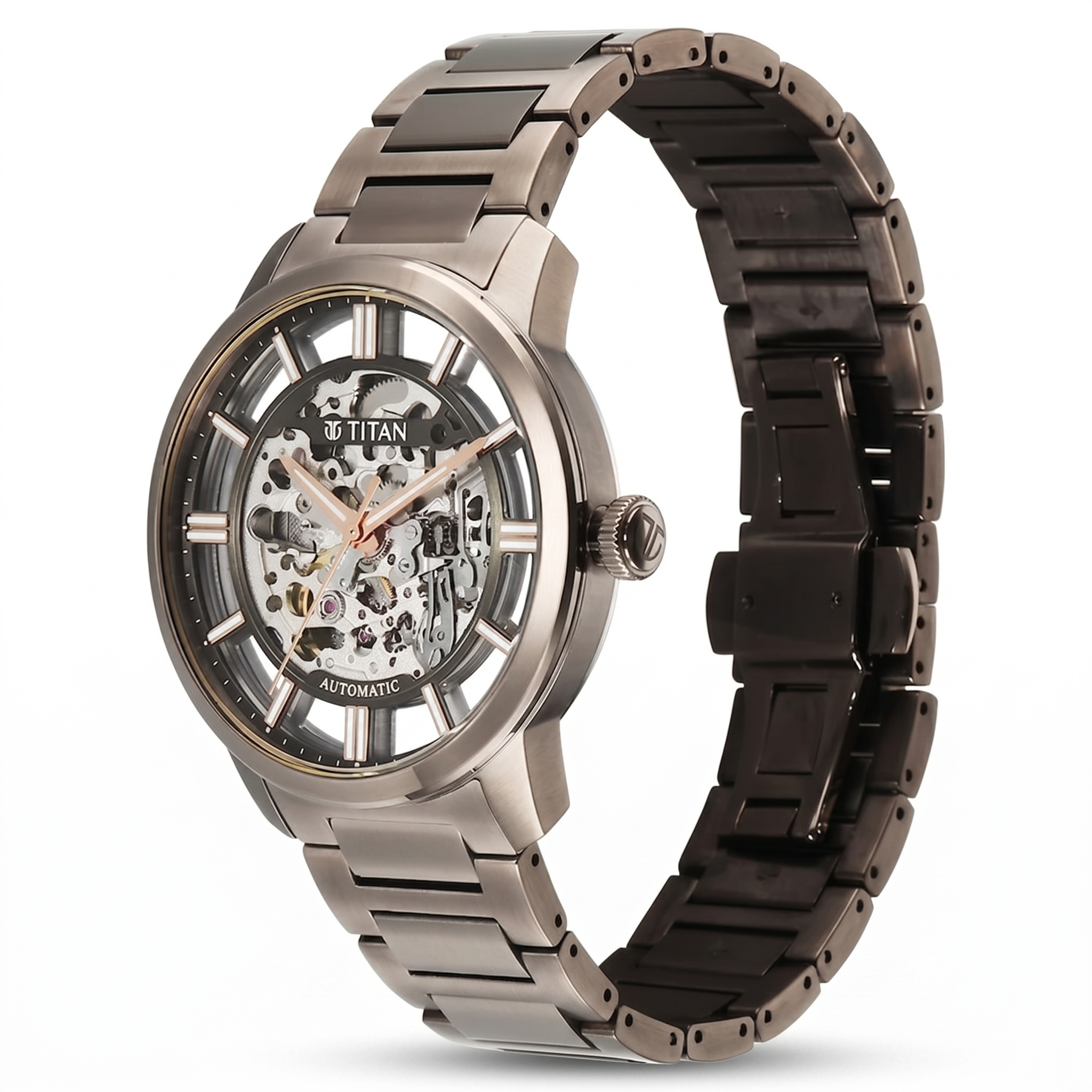 Titan 90220QM01 | Titan See-Through Skeletal Automatic Analog with Black Dial Copper Brown Stainless Steel Strap Watch for Men