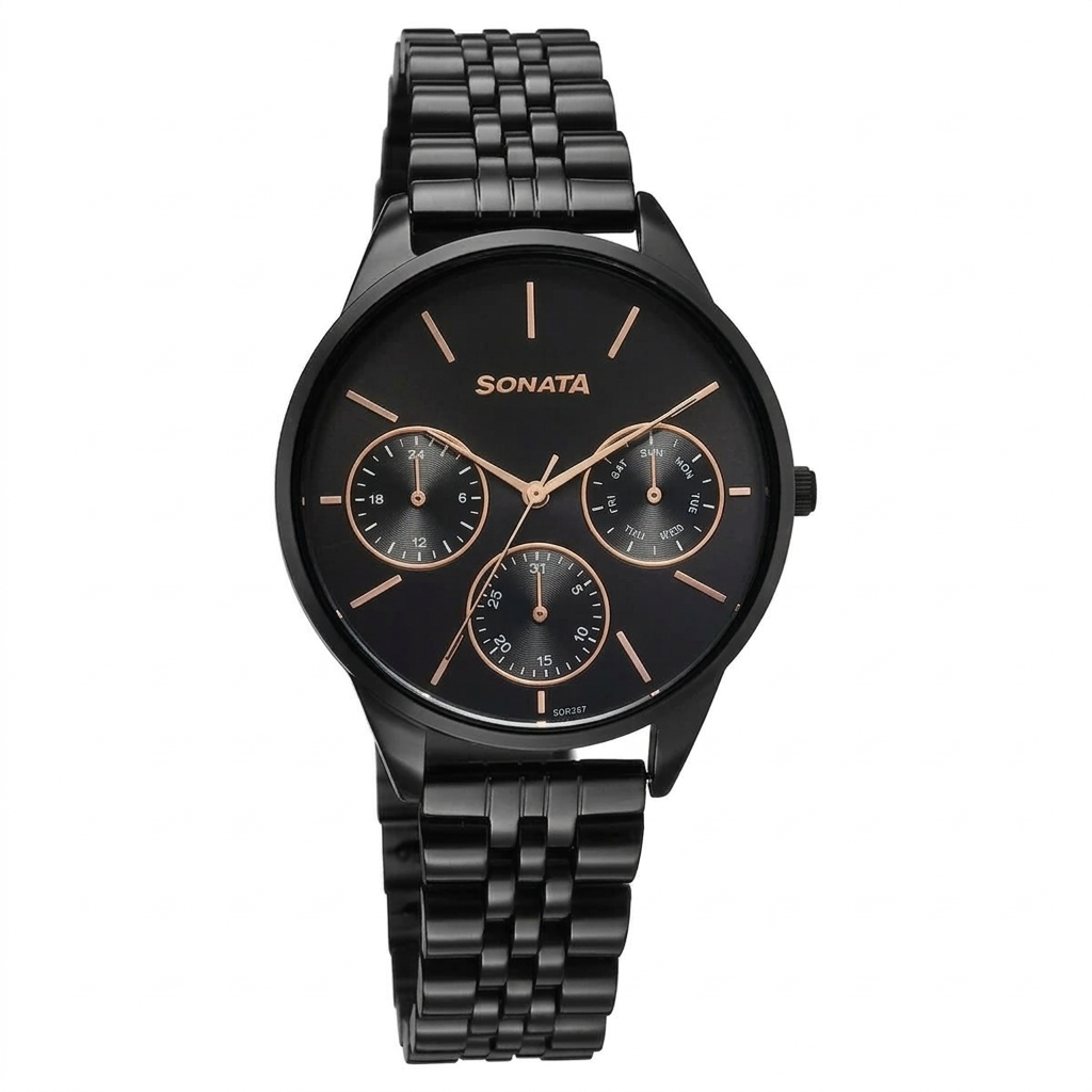Sonata 87085NM01 | Sonata Eternia Quartz Multifunction Black Dial Metal Strap Watch For Women