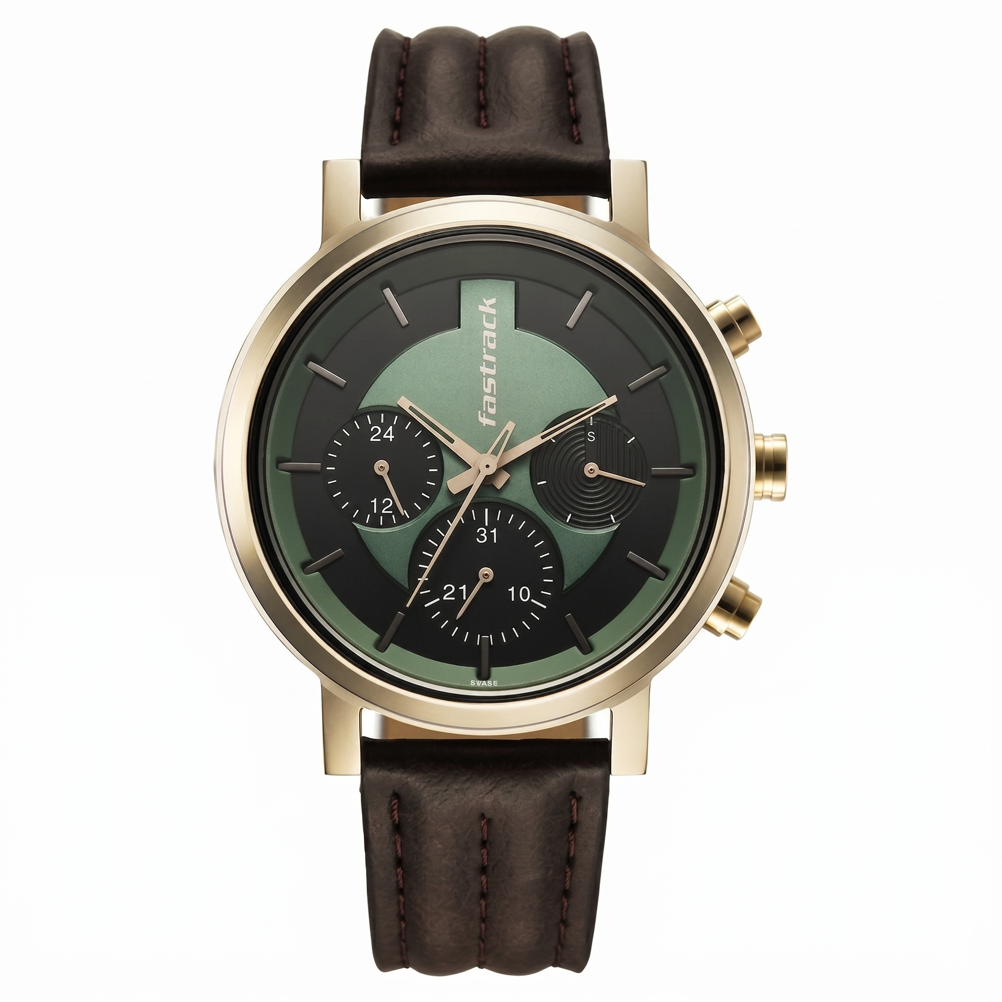 Fastrack 3287QL02 | Fastrack Chrome K Quartz Multifunction Green Dial Brown Leather Strap Watch For Guys