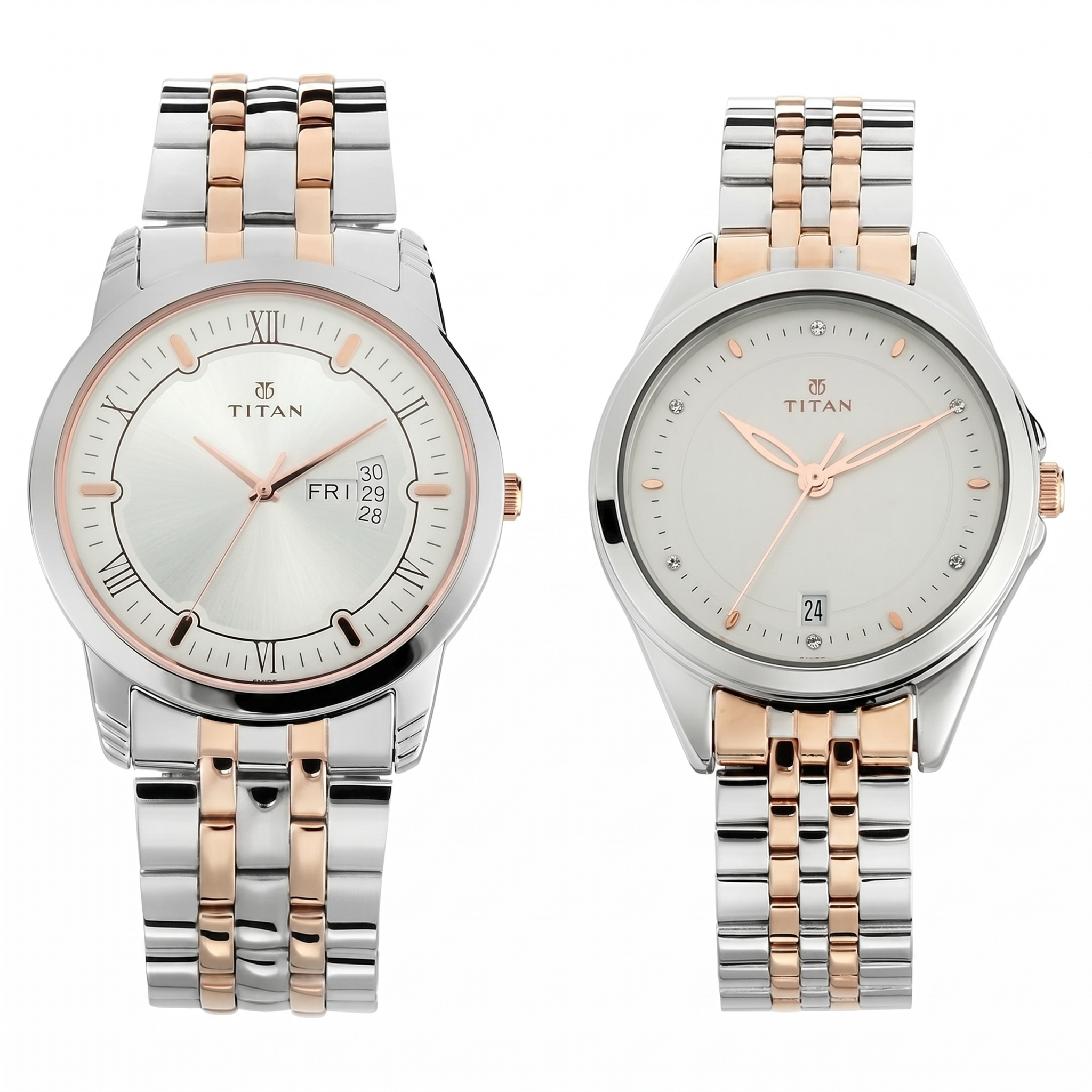 Titan Pair 17742565KM01P | Titan Bandhan Quartz Analog with Day and Date Silver Dial Stainless Steel Strap Watch for Couple