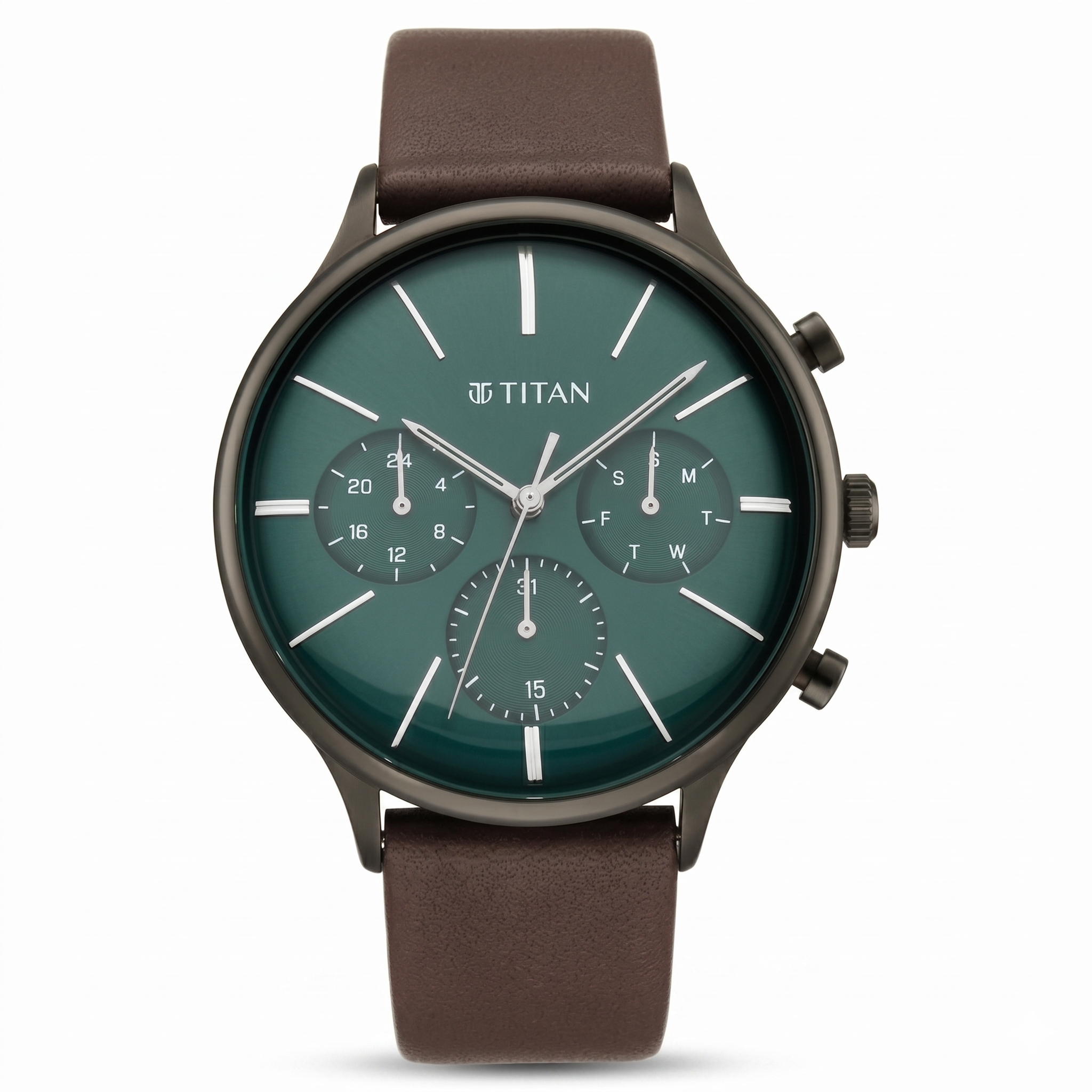 Titan 90134QL01 | Titan Quartz Multifunction Green Dial Leather Strap Watch for Men