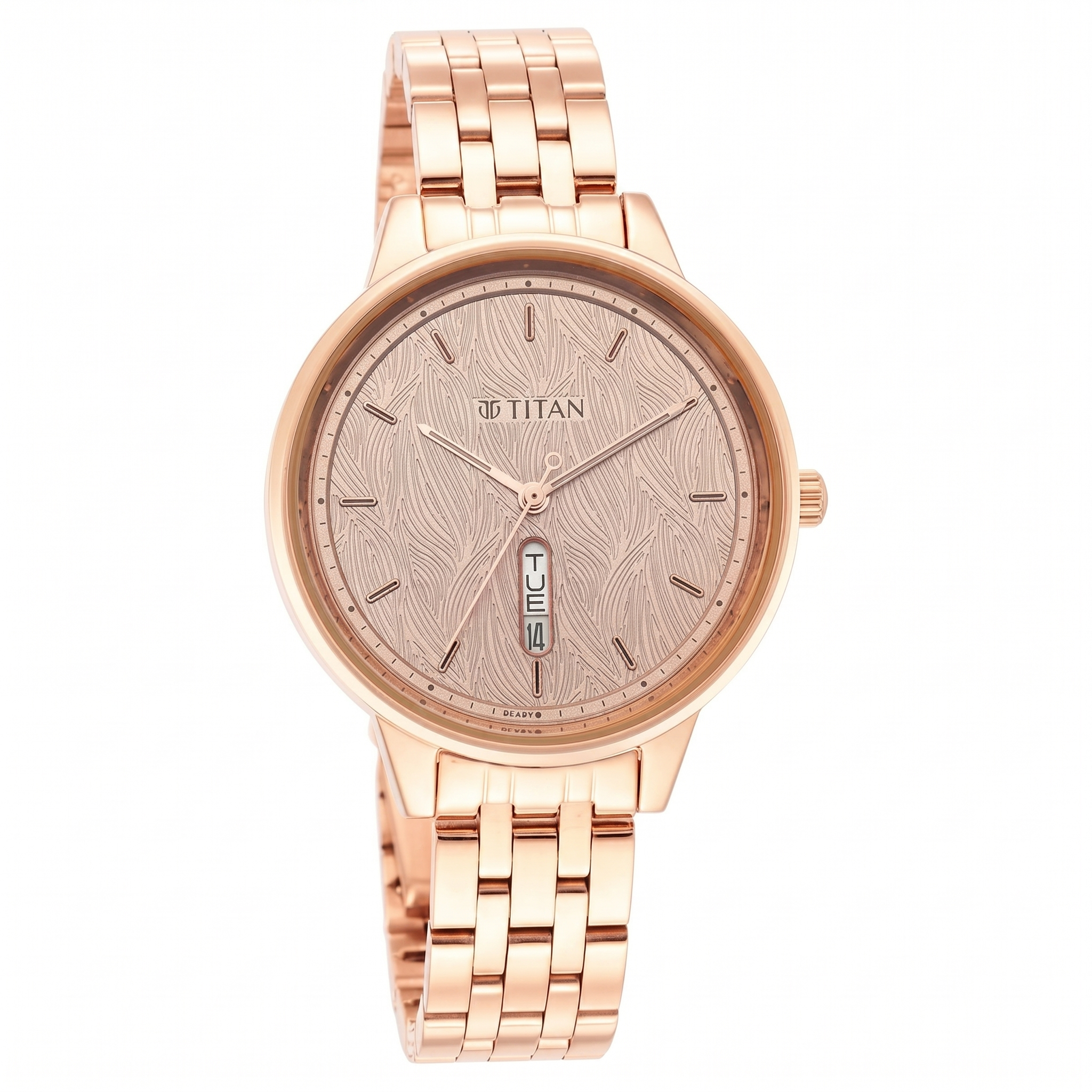 Titan 2648WM01 | Titan Workwear Quartz Analog with Day and Date Rose Gold Dial Stainless Steel Strap Watch for Women