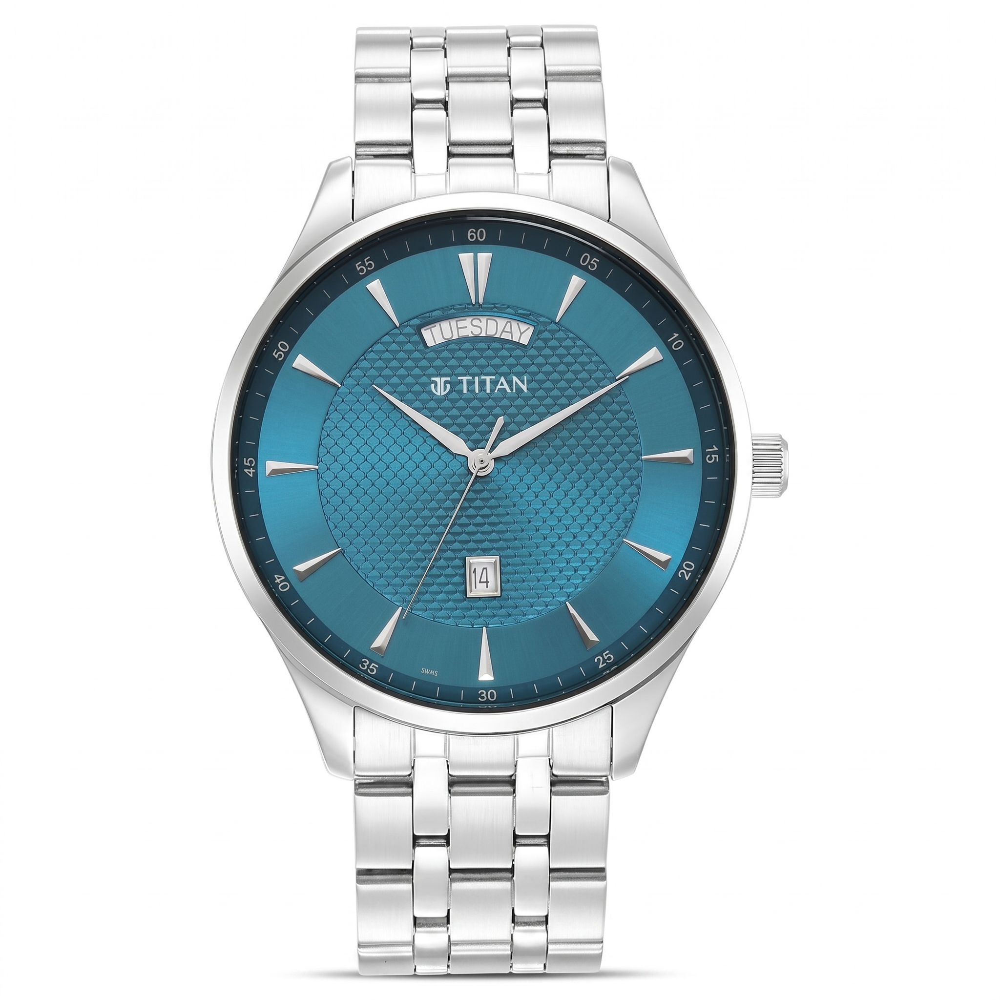 Titan 90127SM01 | Titan Opulent Blue Dial Analog with Day and Date Stainless Steel Strap watch for Men