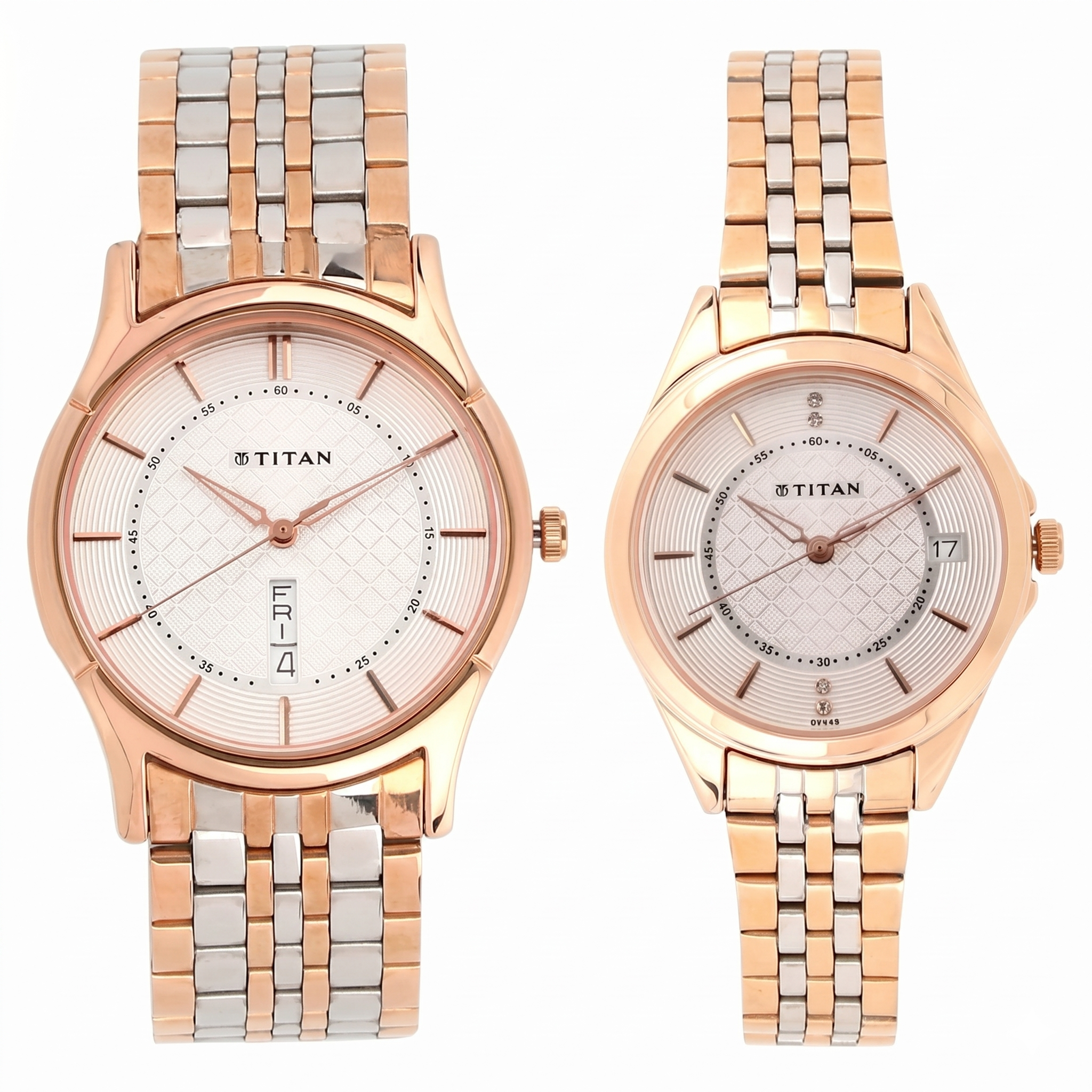 Titan Pair 16362565KM01P | Titan Quartz Analog with Day and Date Silver Dial Stainless Steel Strap Watch for Couple