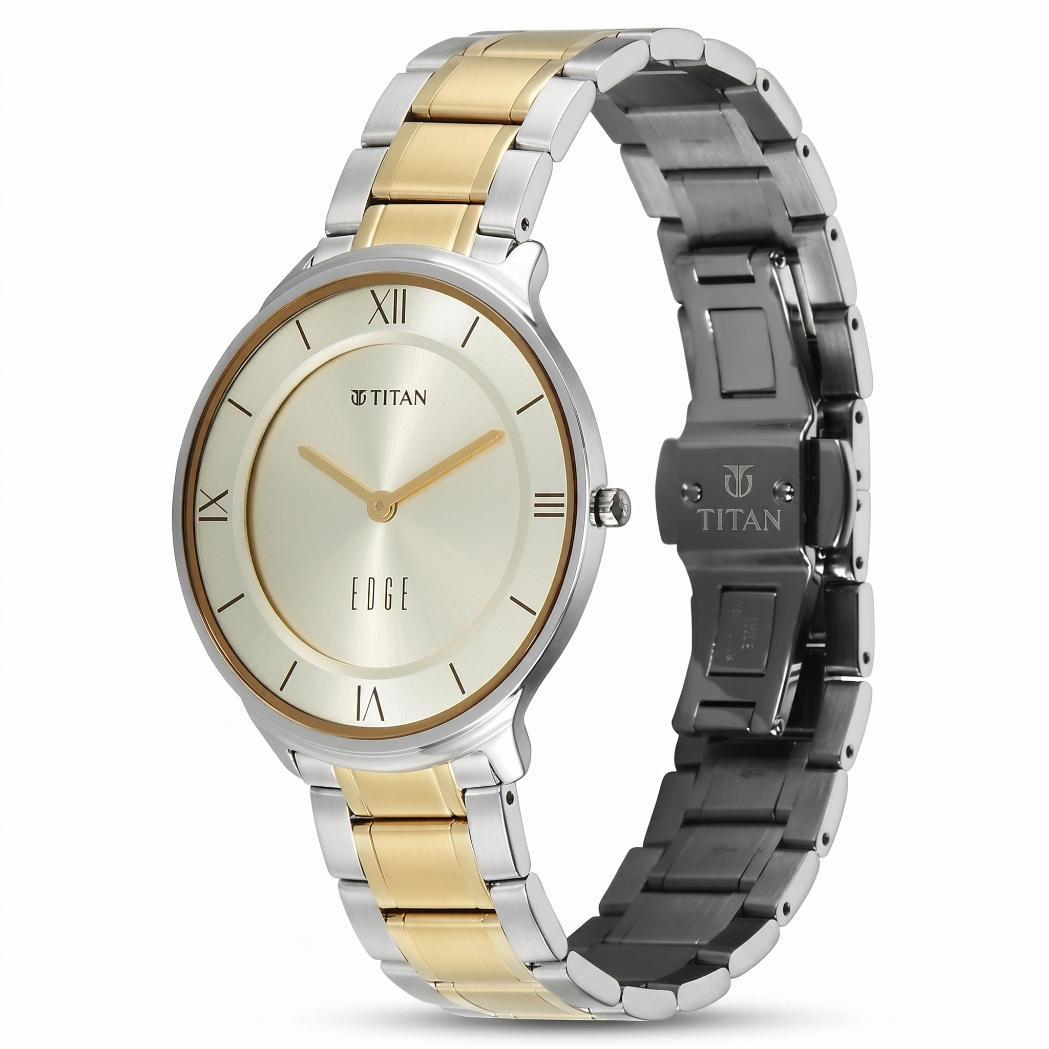 Titan 1843BM01 | Titan Edge Gleam Quartz Analog Champagne Dial Two Toned Stainless Steel Strap Watch For Men
