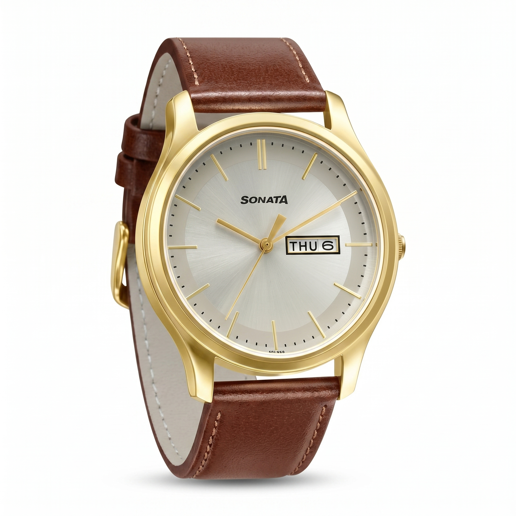 Sonata NP77082WL06W | Sonata Quartz Analog with Day and Date Champagne Dial Leather Strap Watch for Men