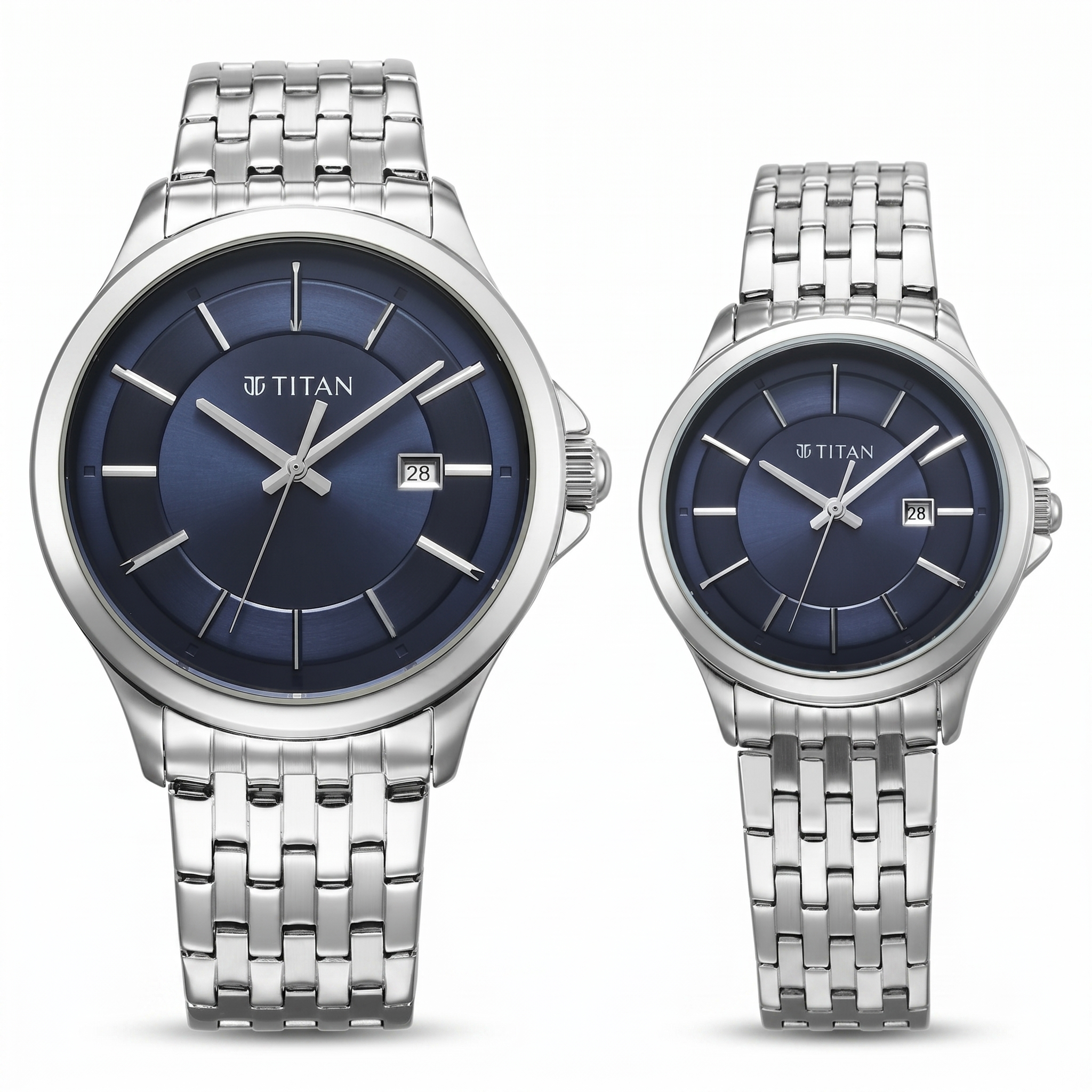 Titan 9401194211SM01 | Titan Bandhan Quartz Analog with Date Blue Dial Silver Stainless Steel Strap Watch For Couple