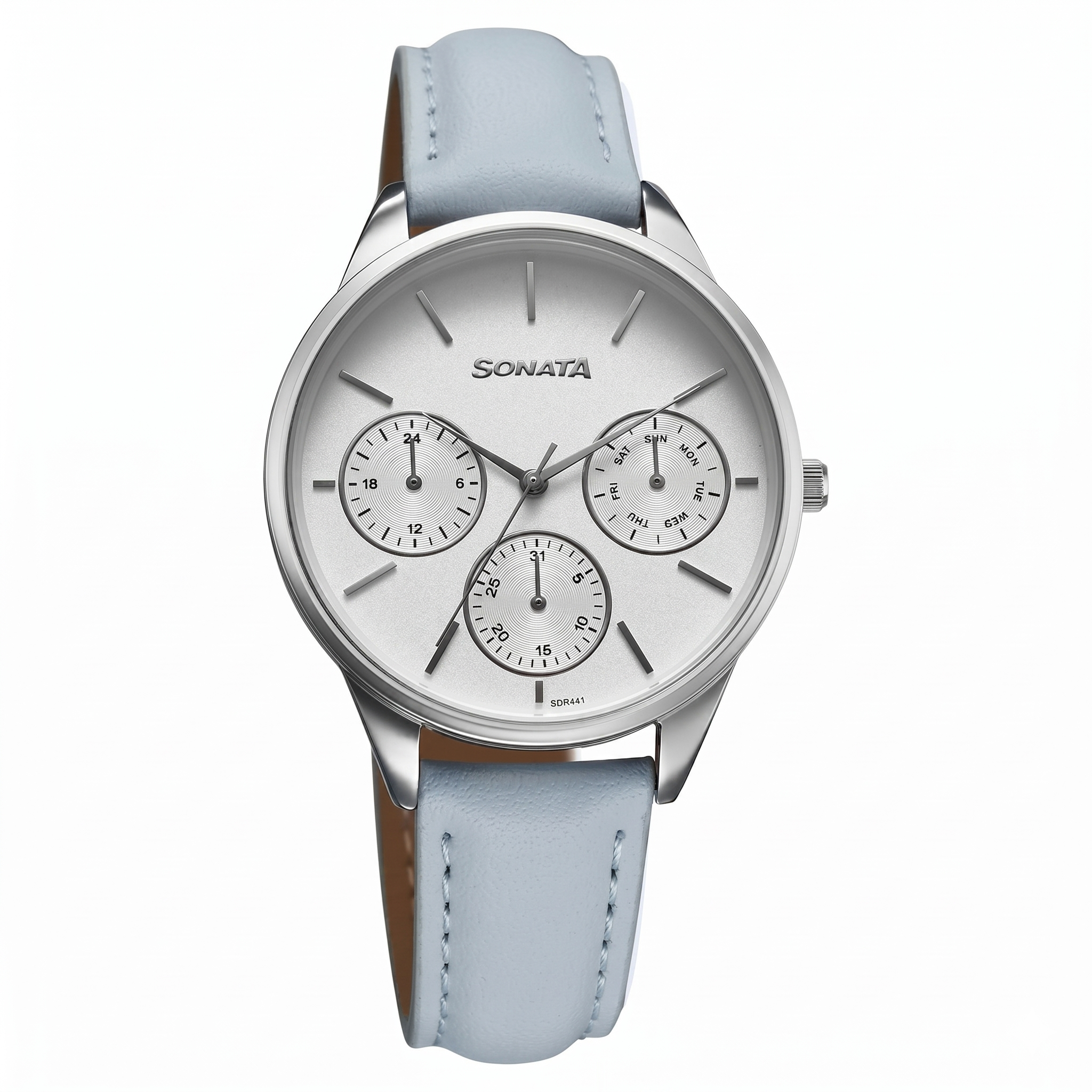 Sonata 87085SL01 | Sonata Eternia Quartz Multifunction Silver Dial Leather Strap Watch For Women