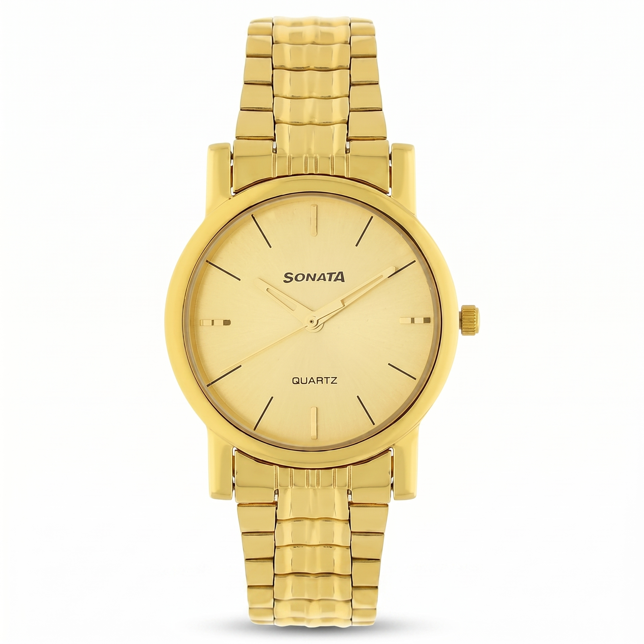 Sonata NP7987YM06W | Sonata Quartz Champagne Dial Golden Stainless Steel Strap Watch For Men