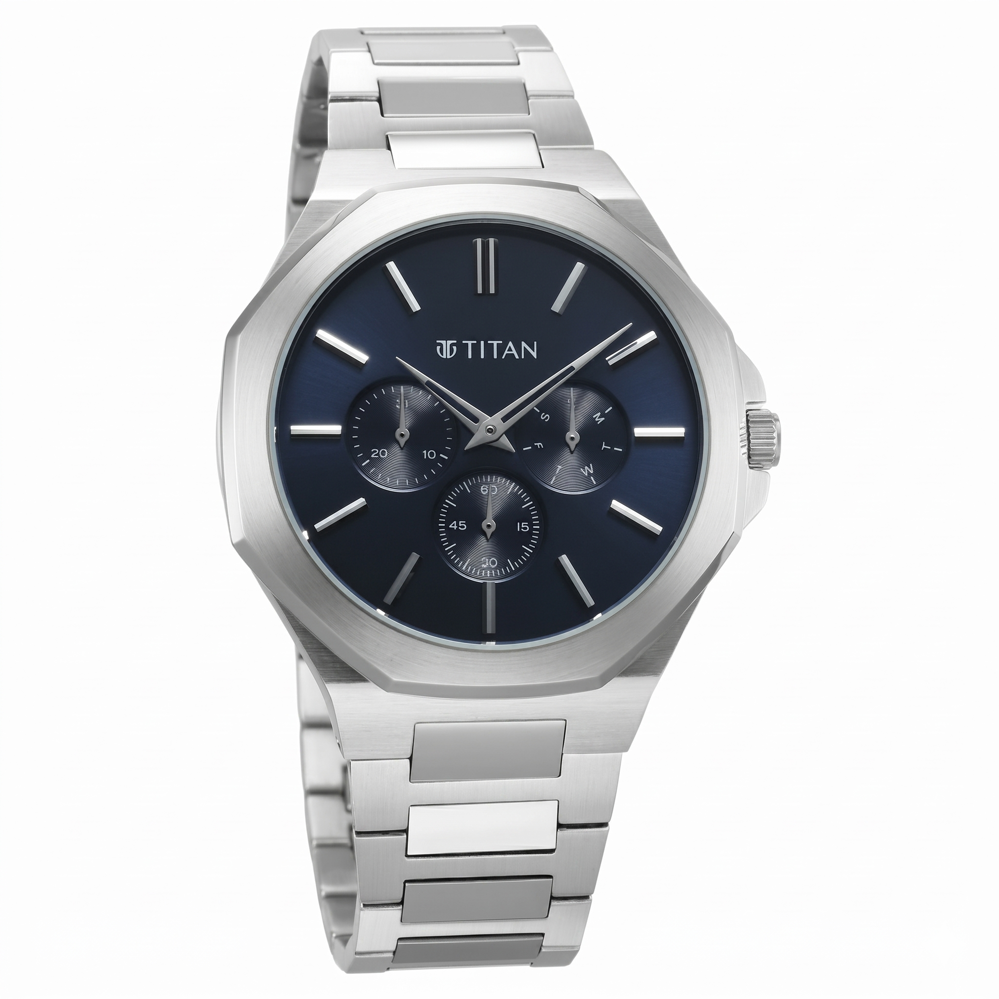 Titan 90198SM01 | Titan Classic Slim Multifunction Quartz Multifunction Blue Dial Stainless Steel Strap Watch For Men