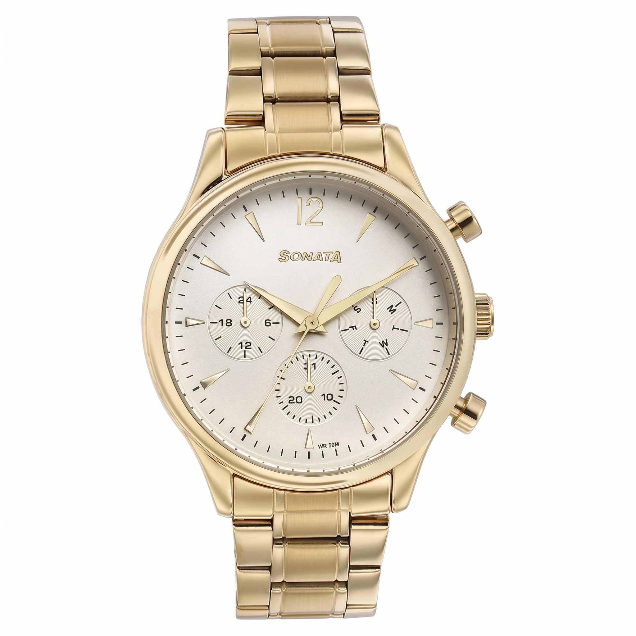 Sonata 77146YM01 | Sonata Quartz Multifunction White Dial Golden Stainless Steel Strap Watch For Men