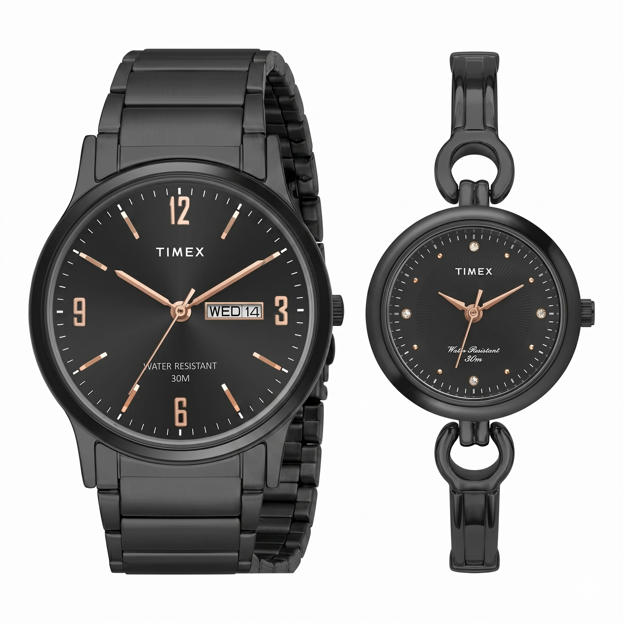 Timex TW00PR264 | Timex Classics Pairs Black Dial Round Case Day Date/3 Hands Function Watch