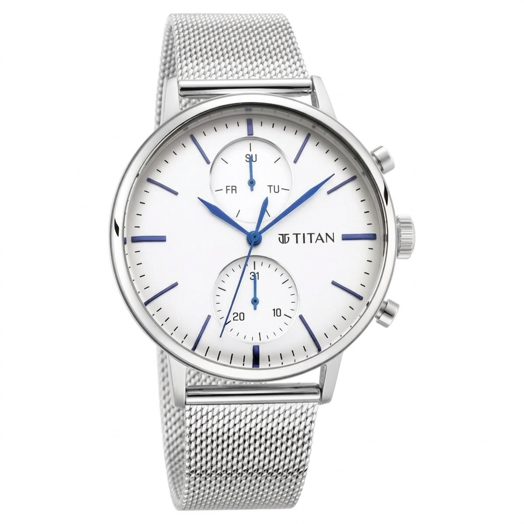 Titan 90135NM01 | Titan Light Leathers Multifunction Silver Dial Silver Stainless Steel Strap Watch For Men