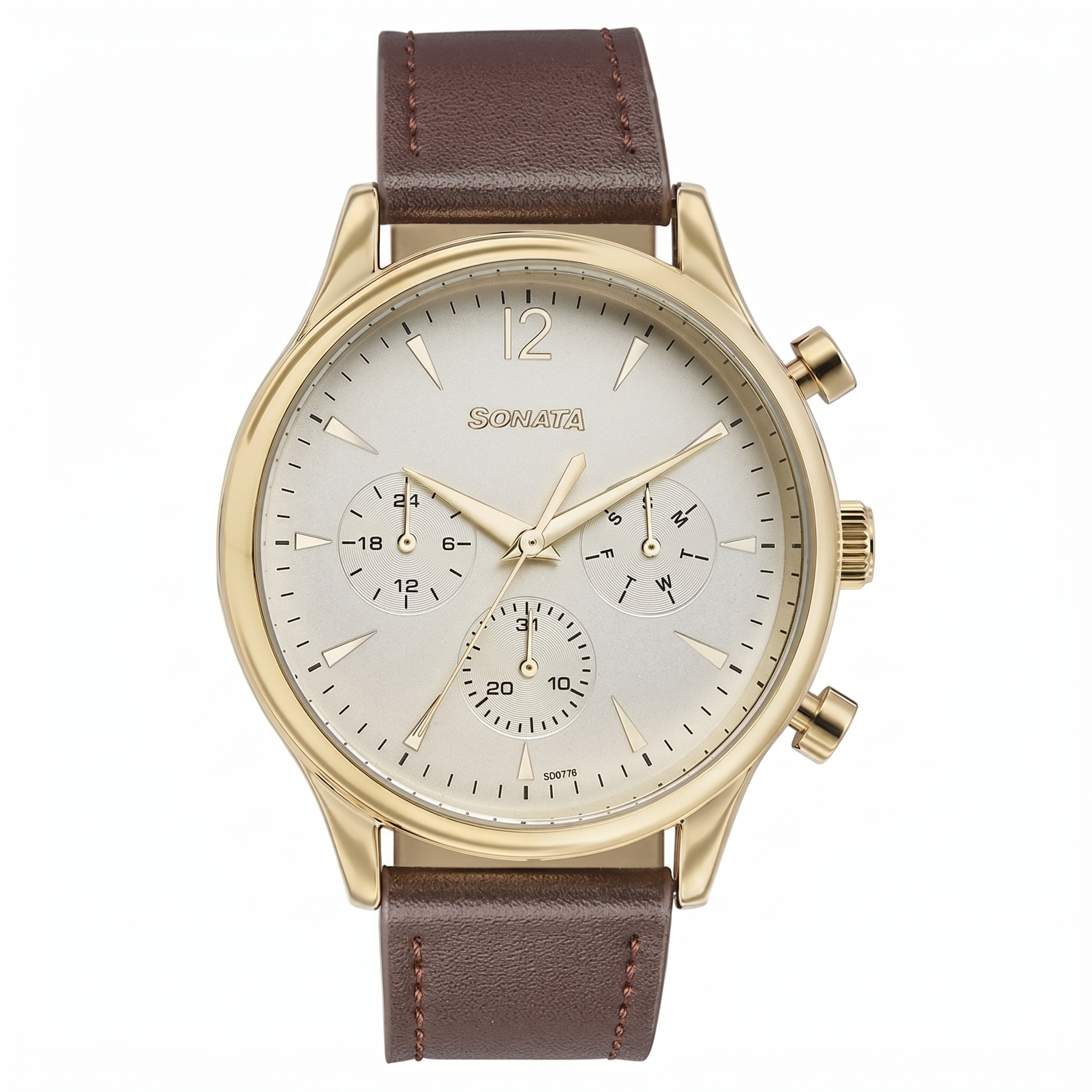 Sonata 77146YL01 | Sonata Quartz Multifunction Golden Dial Brown Leather Strap Watch For Men