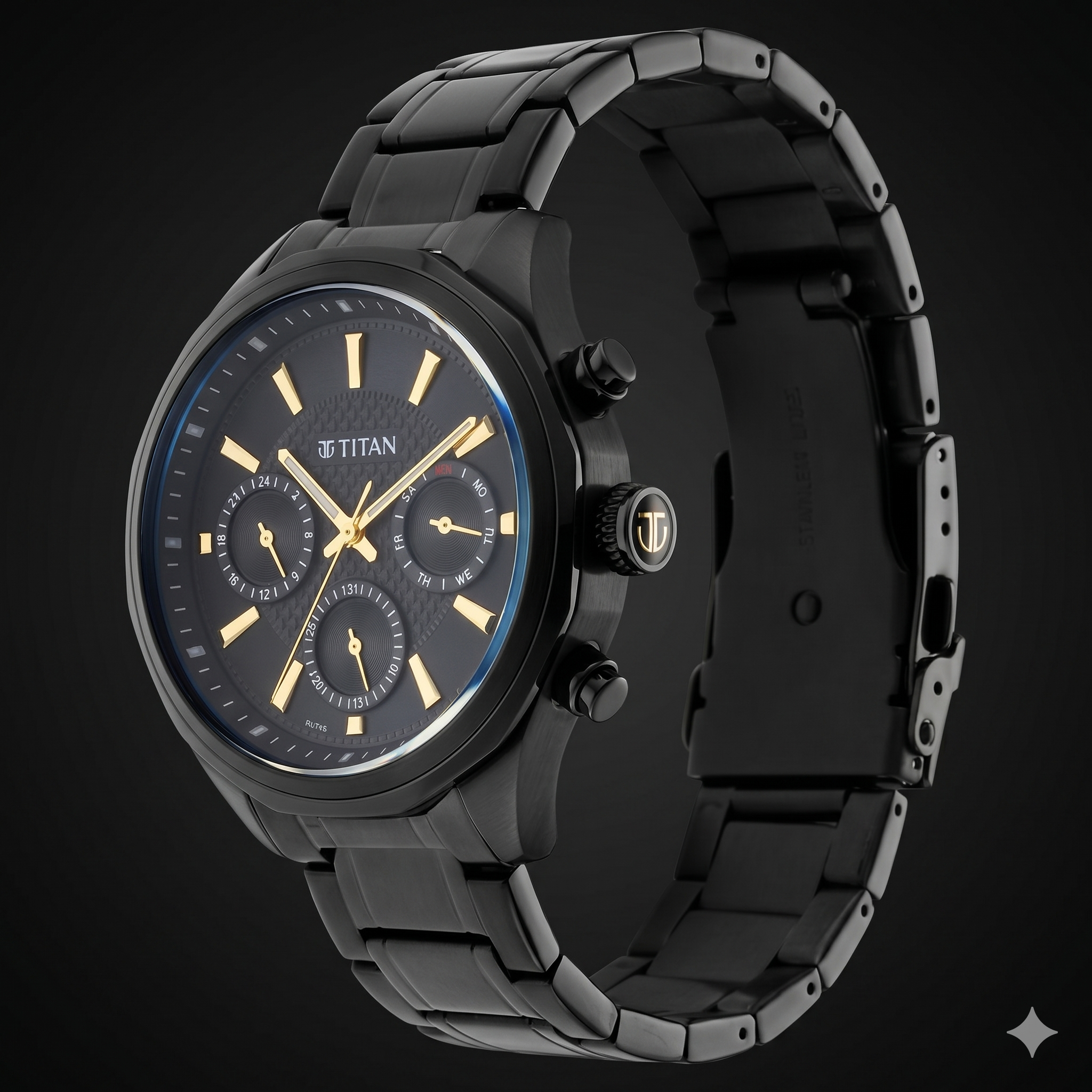 Titan 1829NM02 | Titan Regalia Opulent Multifunction Black Dial Black Stainless Steel Strap Watch For Men