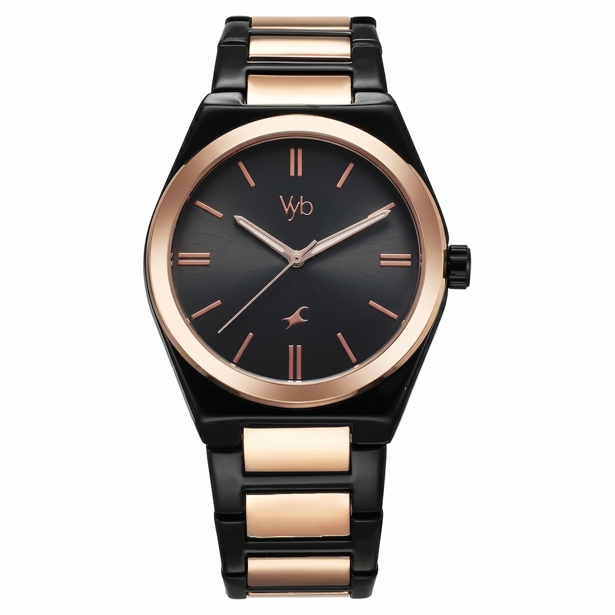 Fastrack FV30010KM02 | Fastrack Vyb Nimbus Quartz Analog Black Dial Two Toned Color Metal Strap Watch For Guys