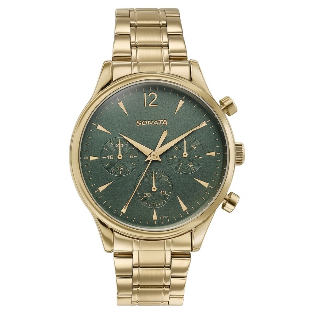 Sonata 77146YM02 | Sonata Wedding Edit Quartz Multifunction Green Dial Stainless Steel Strap Watch For Men