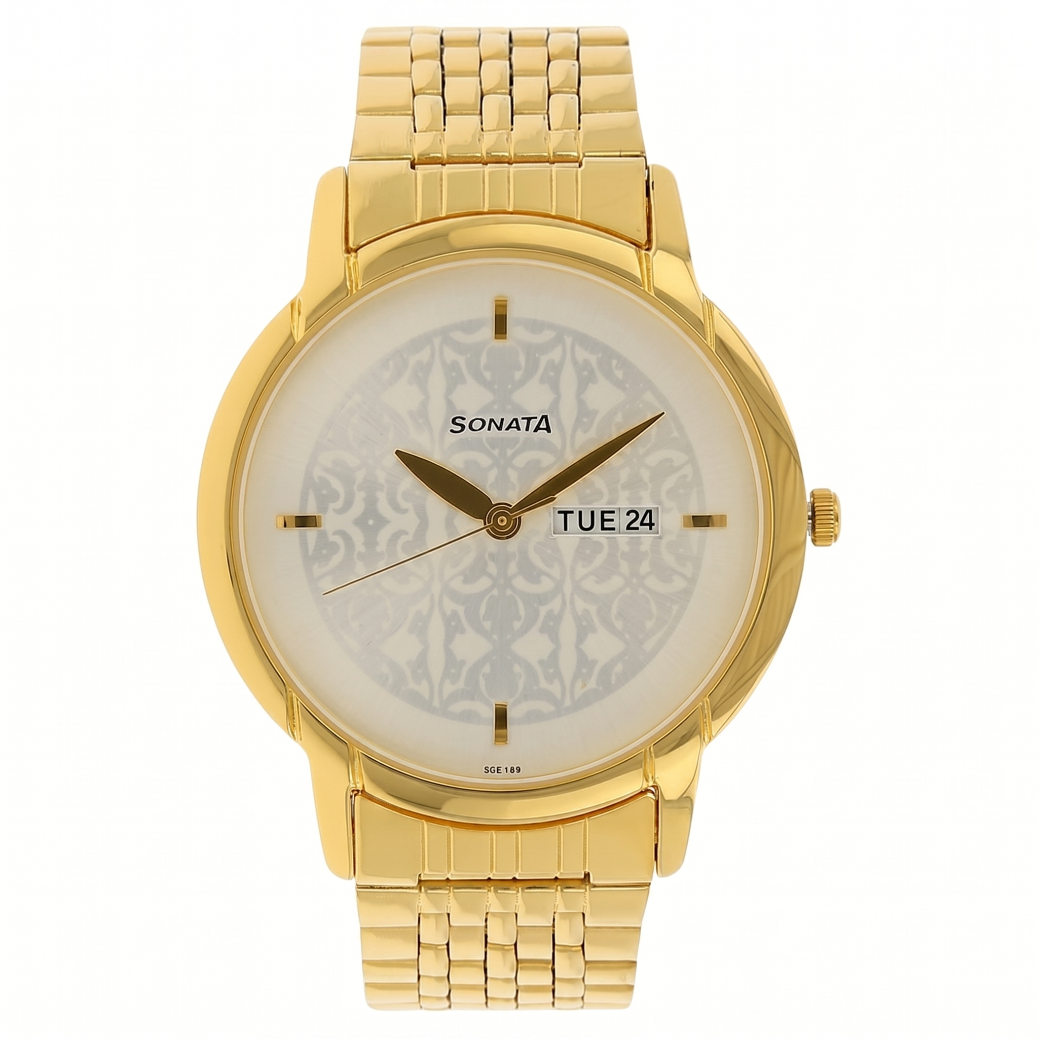 Sonata NP77031YM03 | Sonata Quartz Analog with Day and Date Silver Dial Golden Stainless Steel Strap Watch For Men