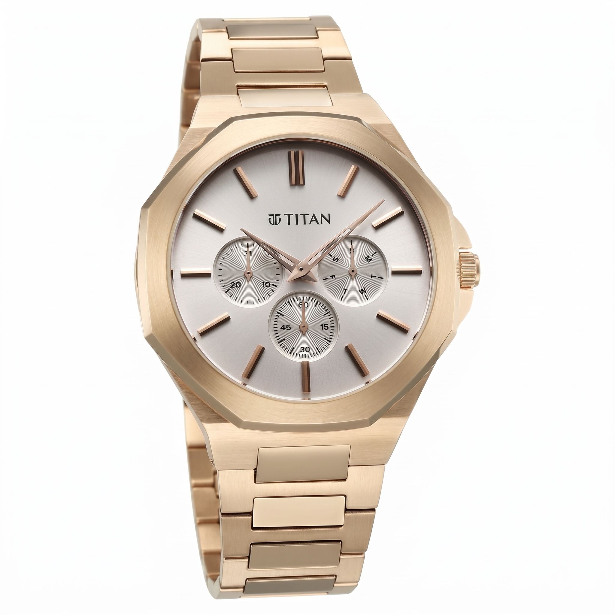 Titan 90198WM01 | Titan Classic Slim Multifunction Multifunction Silver Dial Carnation Gold Stainless Steel Strap Watch For Men