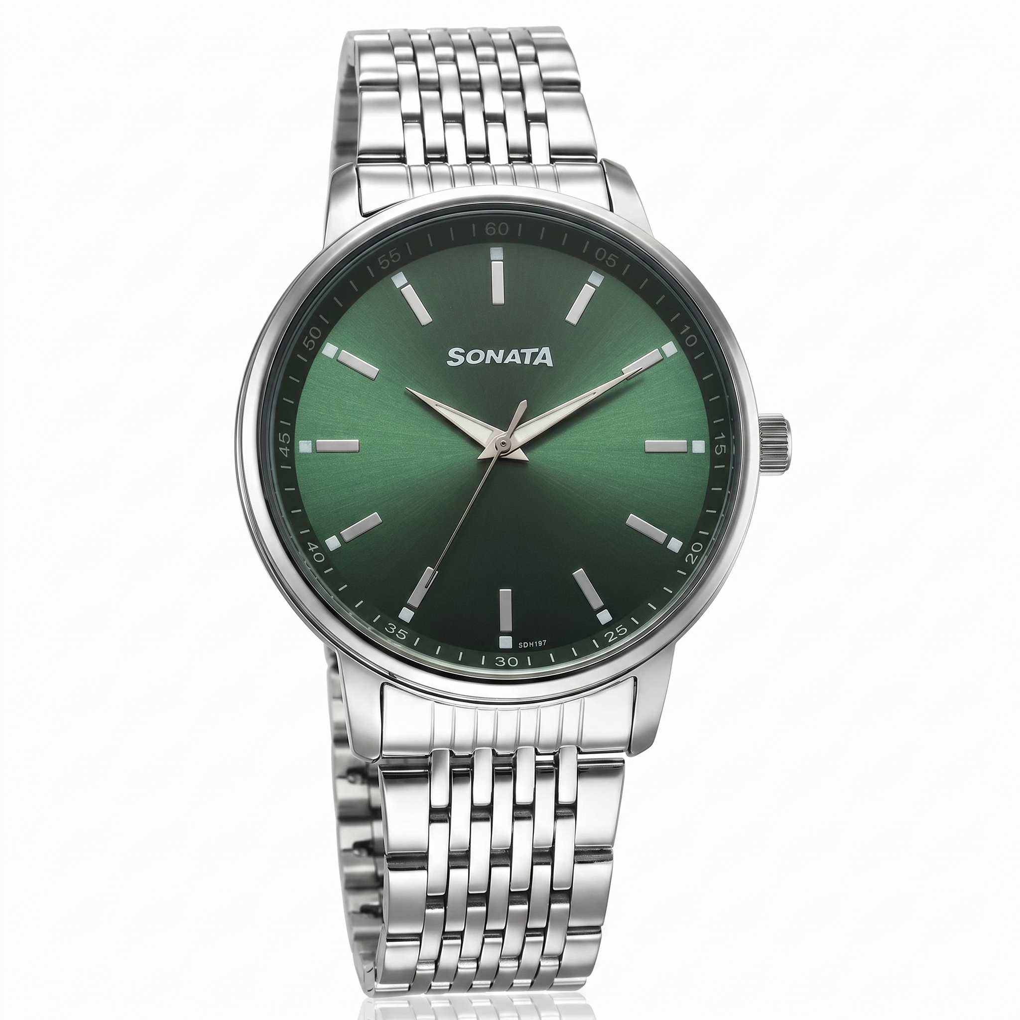 Sonata 77156SM02 | Sonata Wedding Quartz Analog Green Dial Stainless Steel Strap Watch For Men