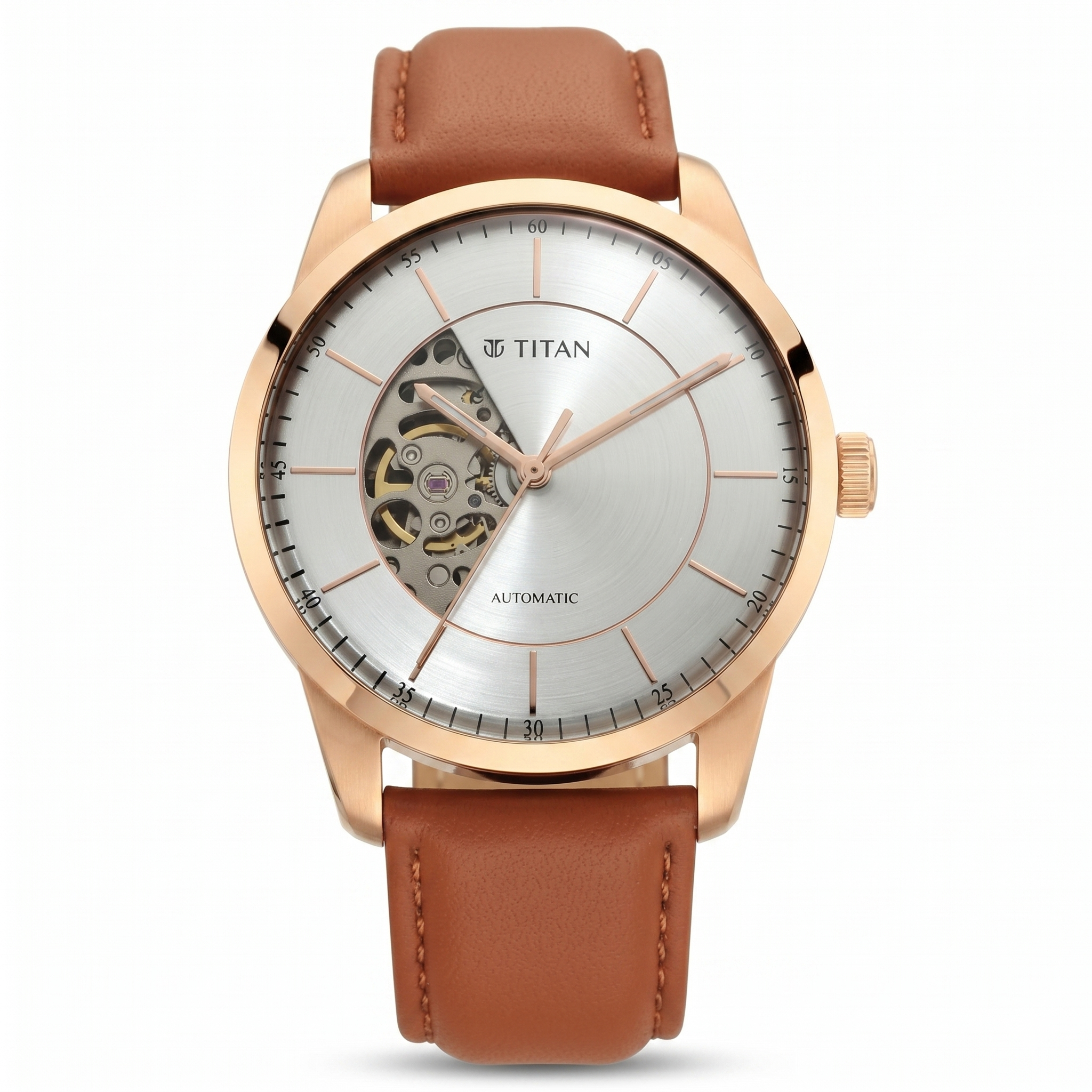 Titan 90126WL01 | Titan Automatics Silver Round Dial Brown Leather Strap Watch For Men