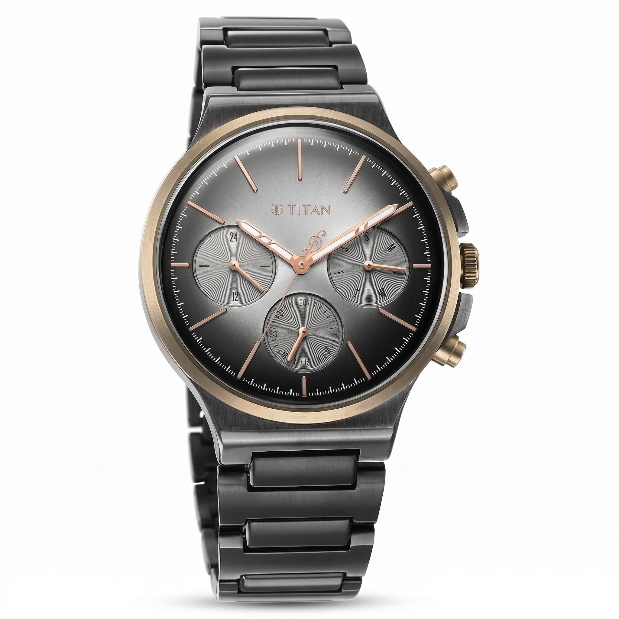 Titan 1883KM01 | Titan Quartet Grey Dial Analog with Day and Date Stainless Steel Strap watch for Men