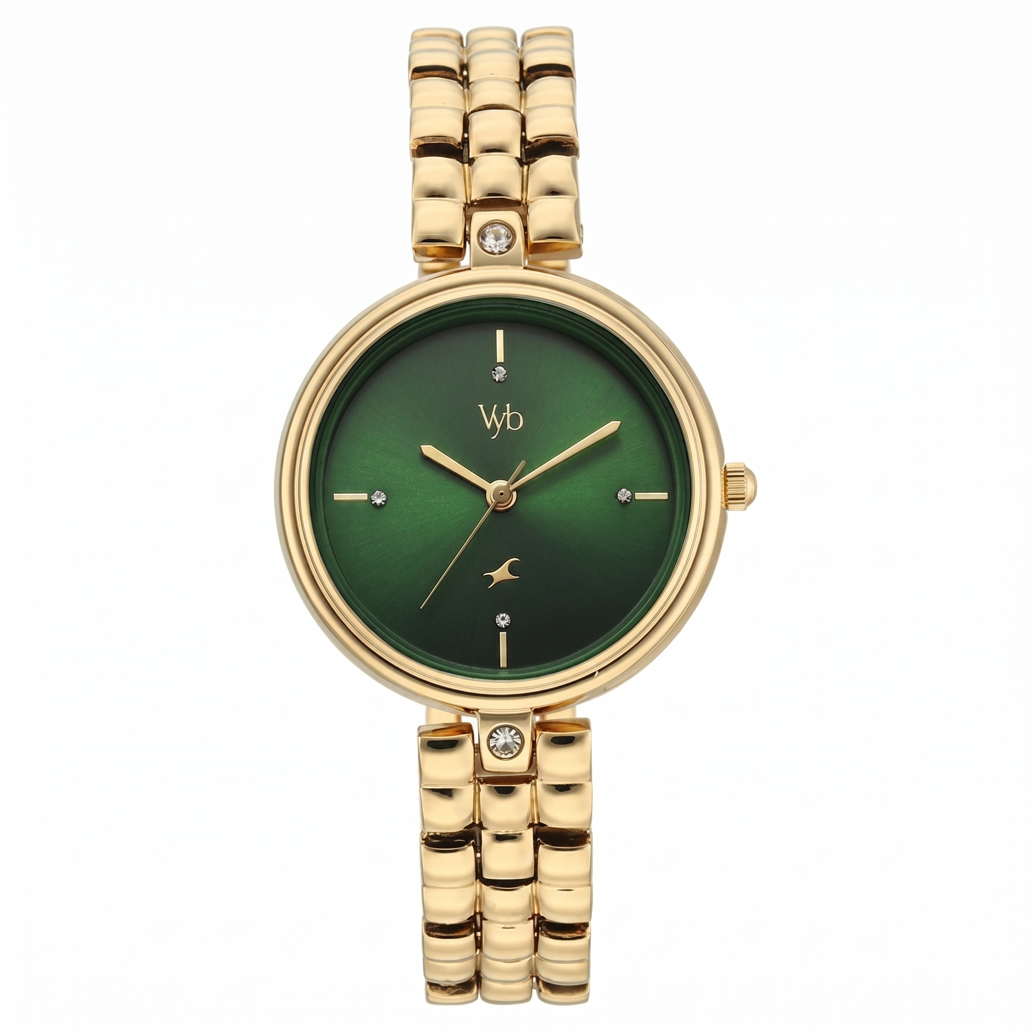 Fastrack FV60115YM01 | Vyb Iconiqu  By Fastrack Quartz Analog Green Dial Golden Metal Strap Watch For Girls
