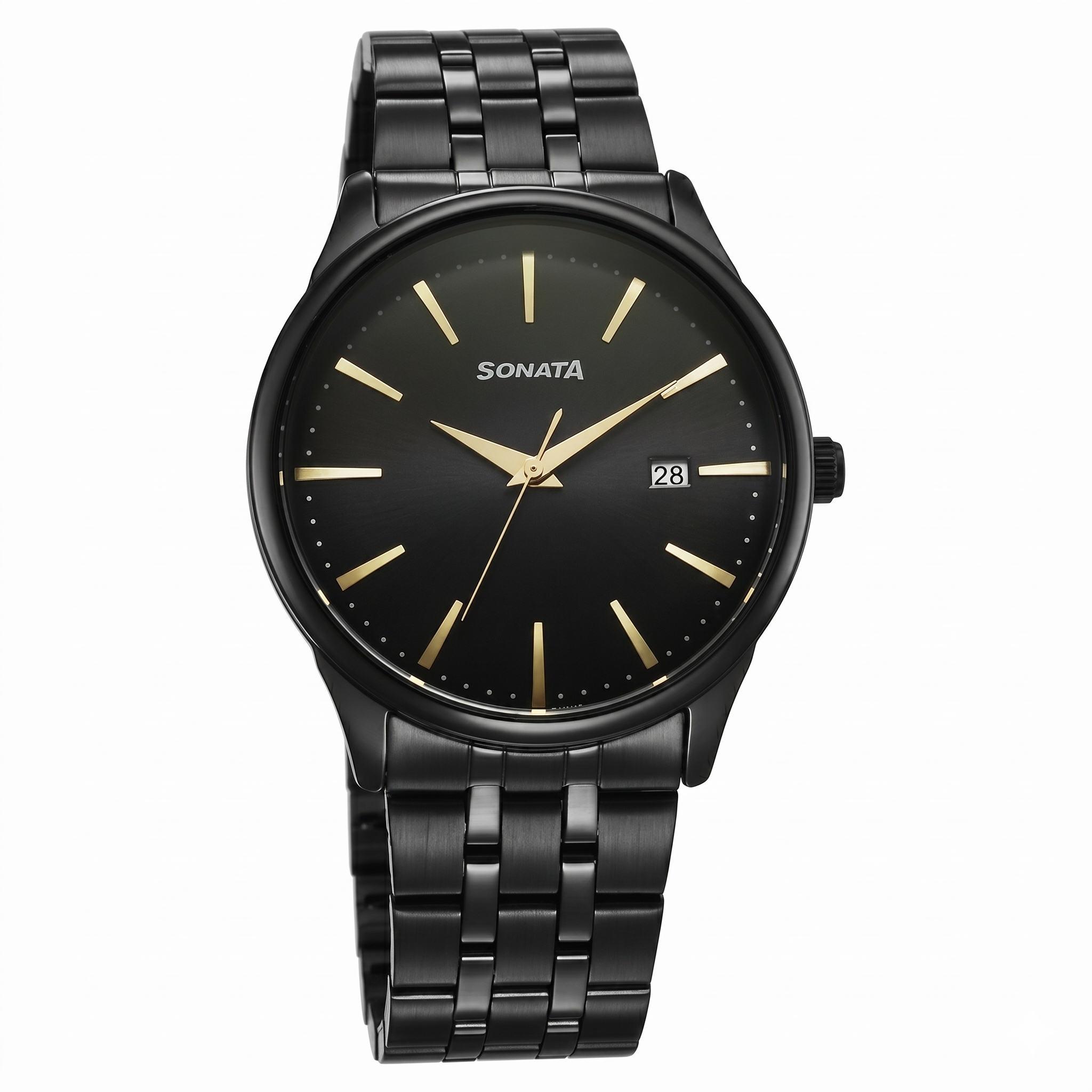 Sonata 77166NM01 | Sonata Eternia Quartz Analog with Date Black Dial Metal Strap Watch For Men