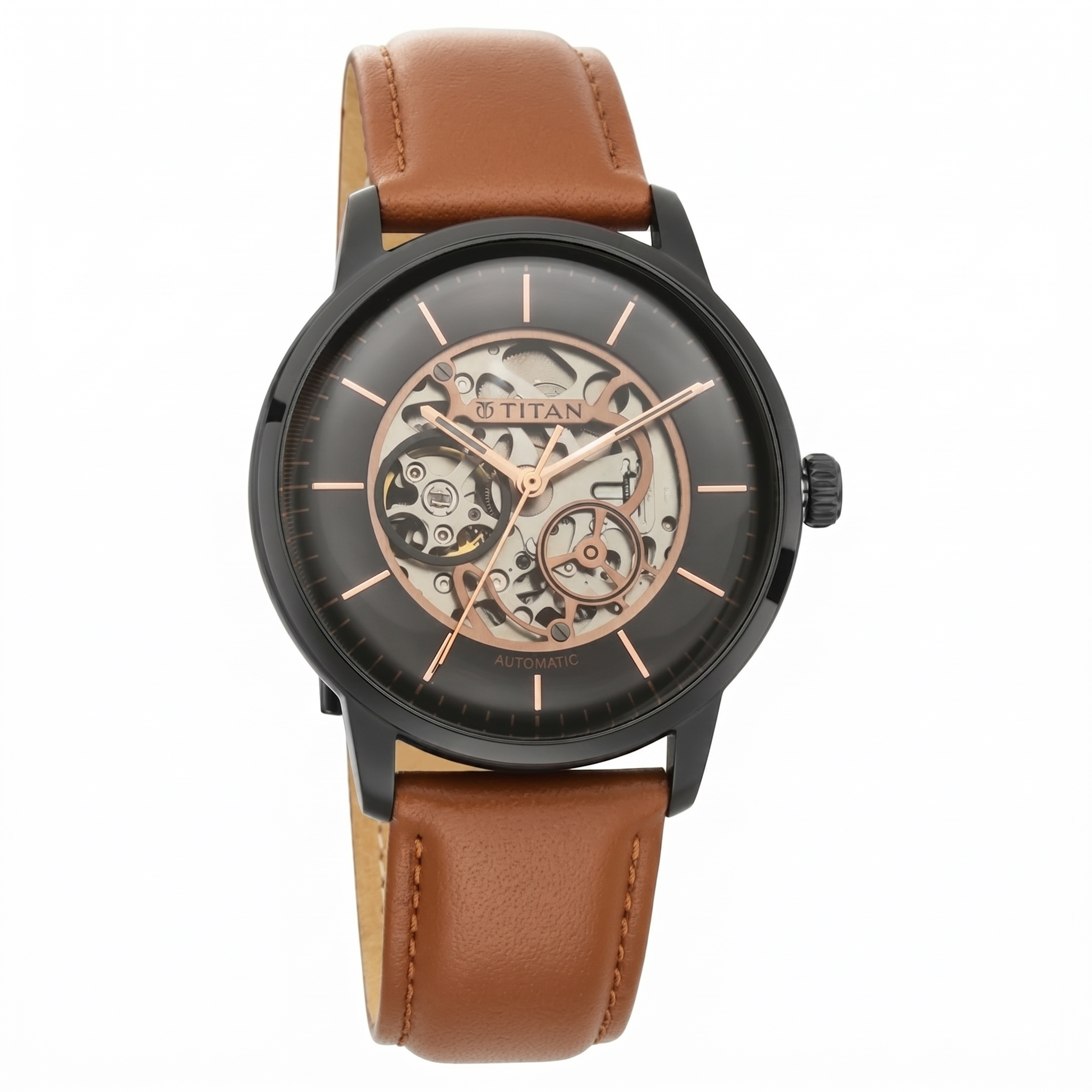 Titan 90110NL01 | Titan Automatics Black Dial Tan Leather Strap Watch for Men