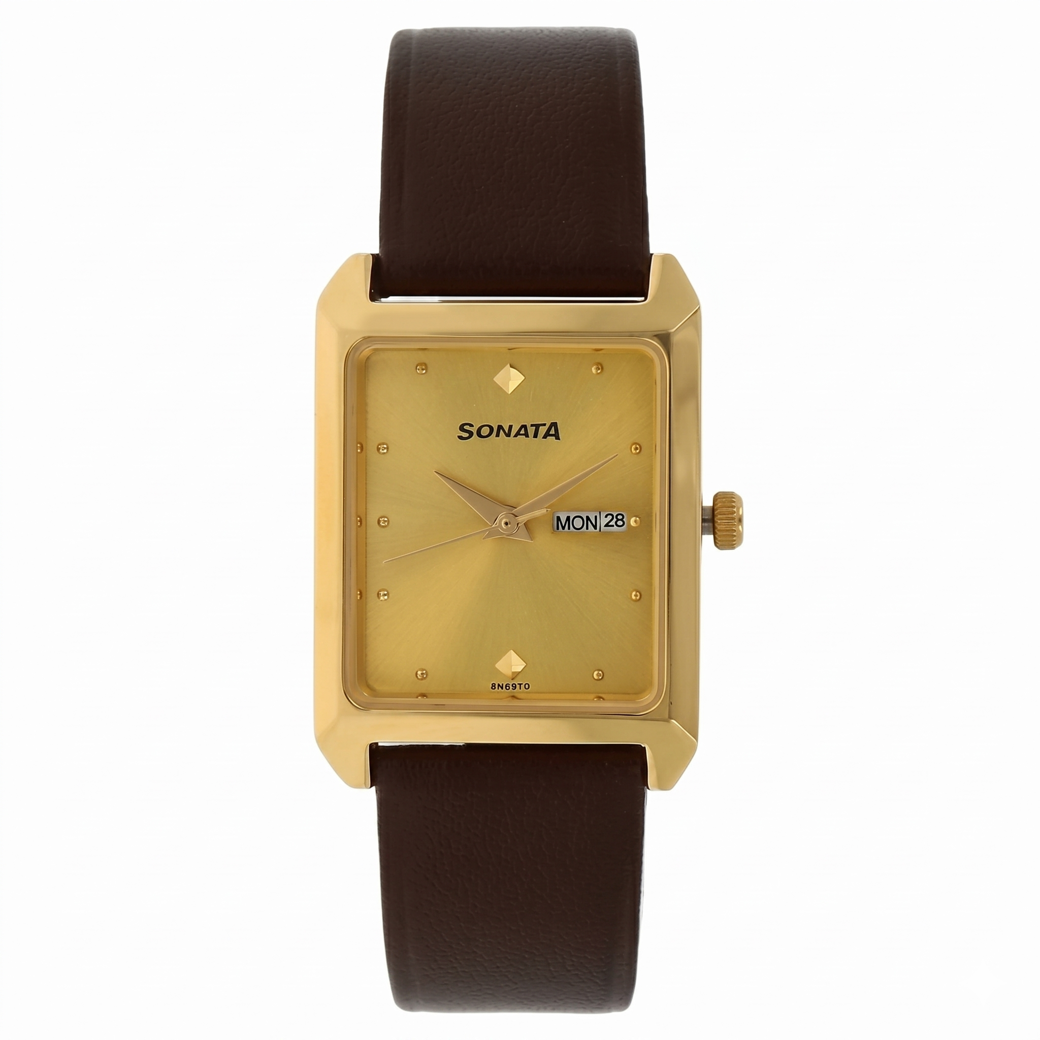 Sonata 7007YL | Sonata Quartz Analog with Day and Date Champagne Dial Leather Strap Watch for Men