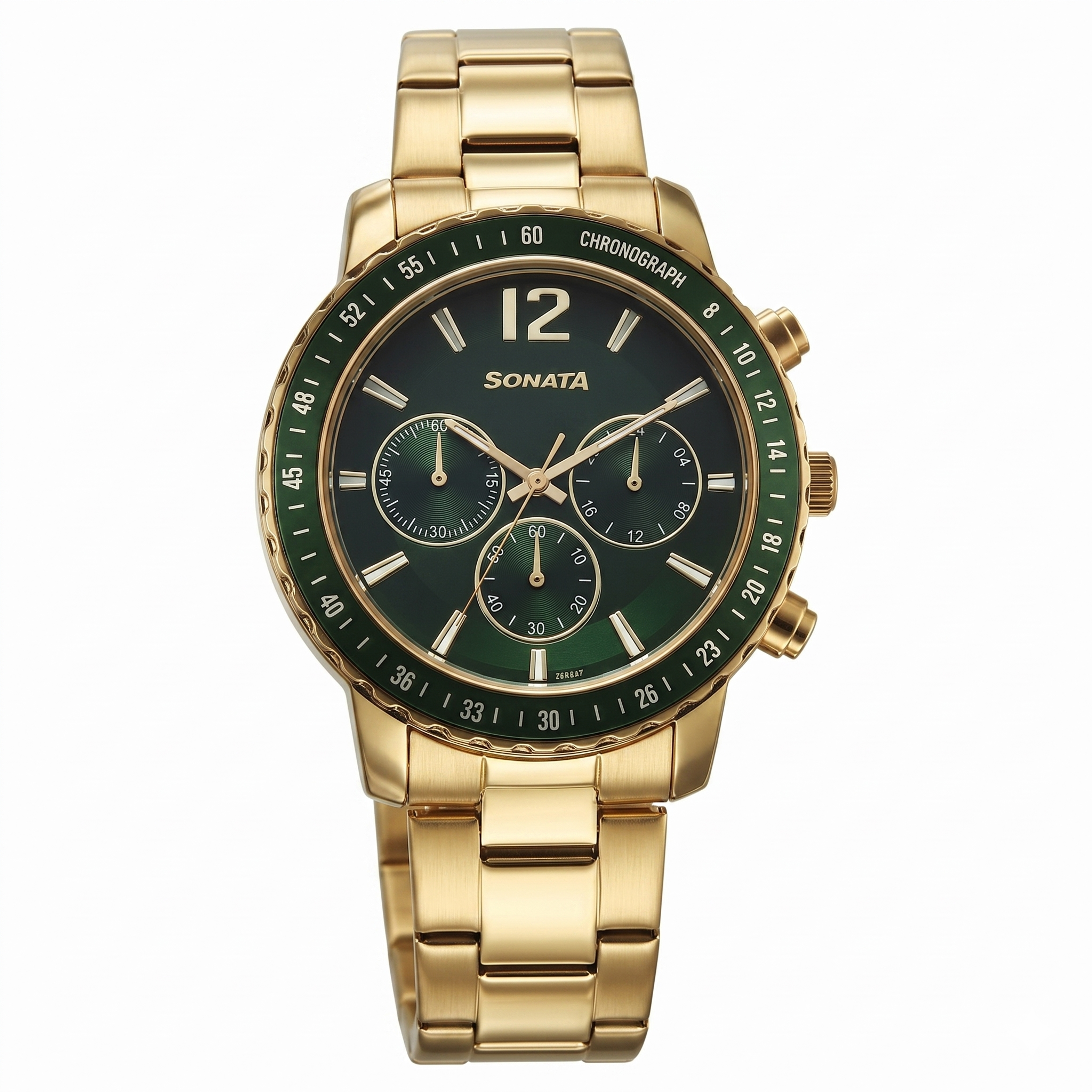 Sonata 77188KM03 | Sonata Chronos Quartz Analog with Date Green Dial Golden Colour Stainless Steel Strap Watch For Men