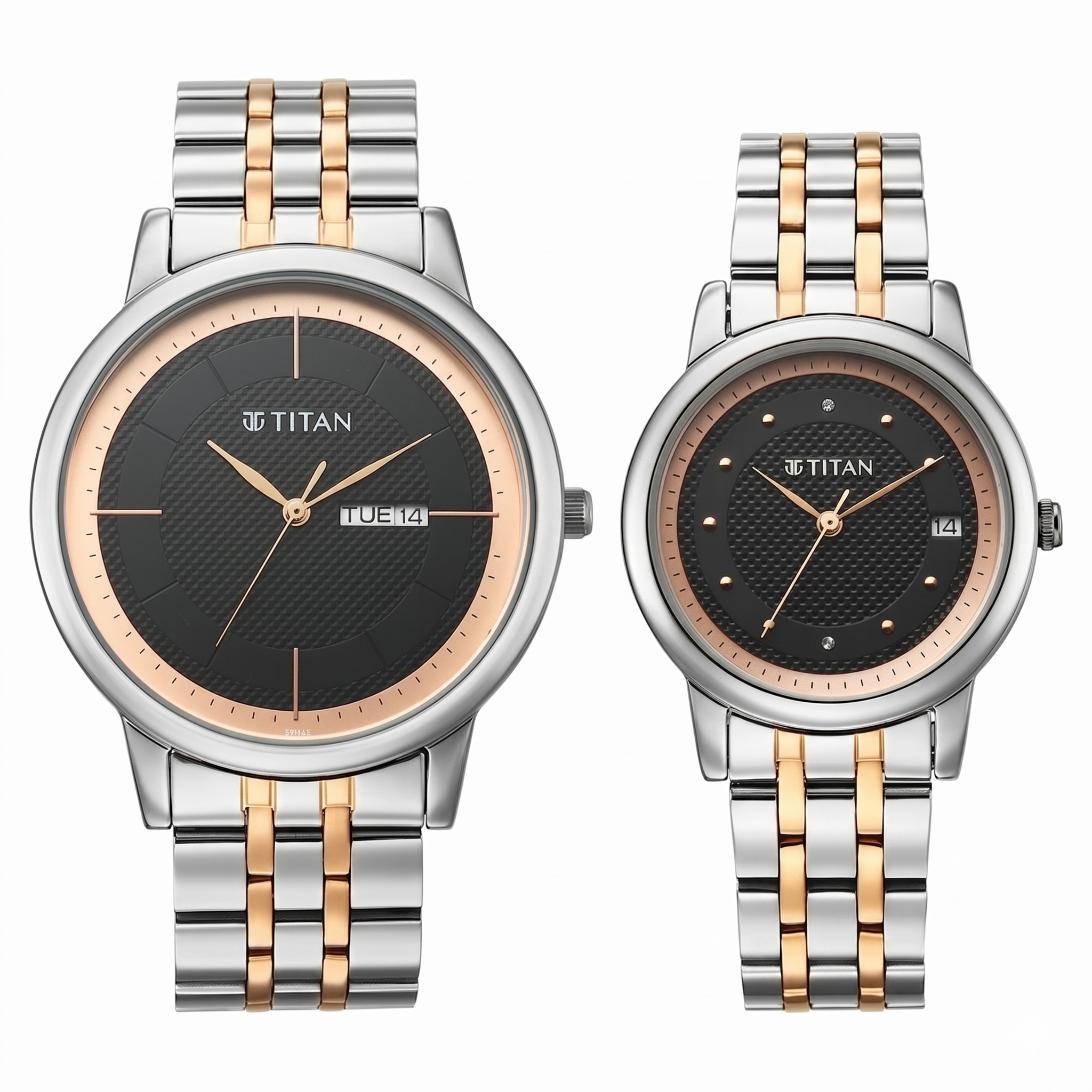 Titan 19672967KM01 | Titan Bandhan Eternal Pair Analog with Date and Black Dial Dual Tone Stainless Steel Strap Watch for Couples