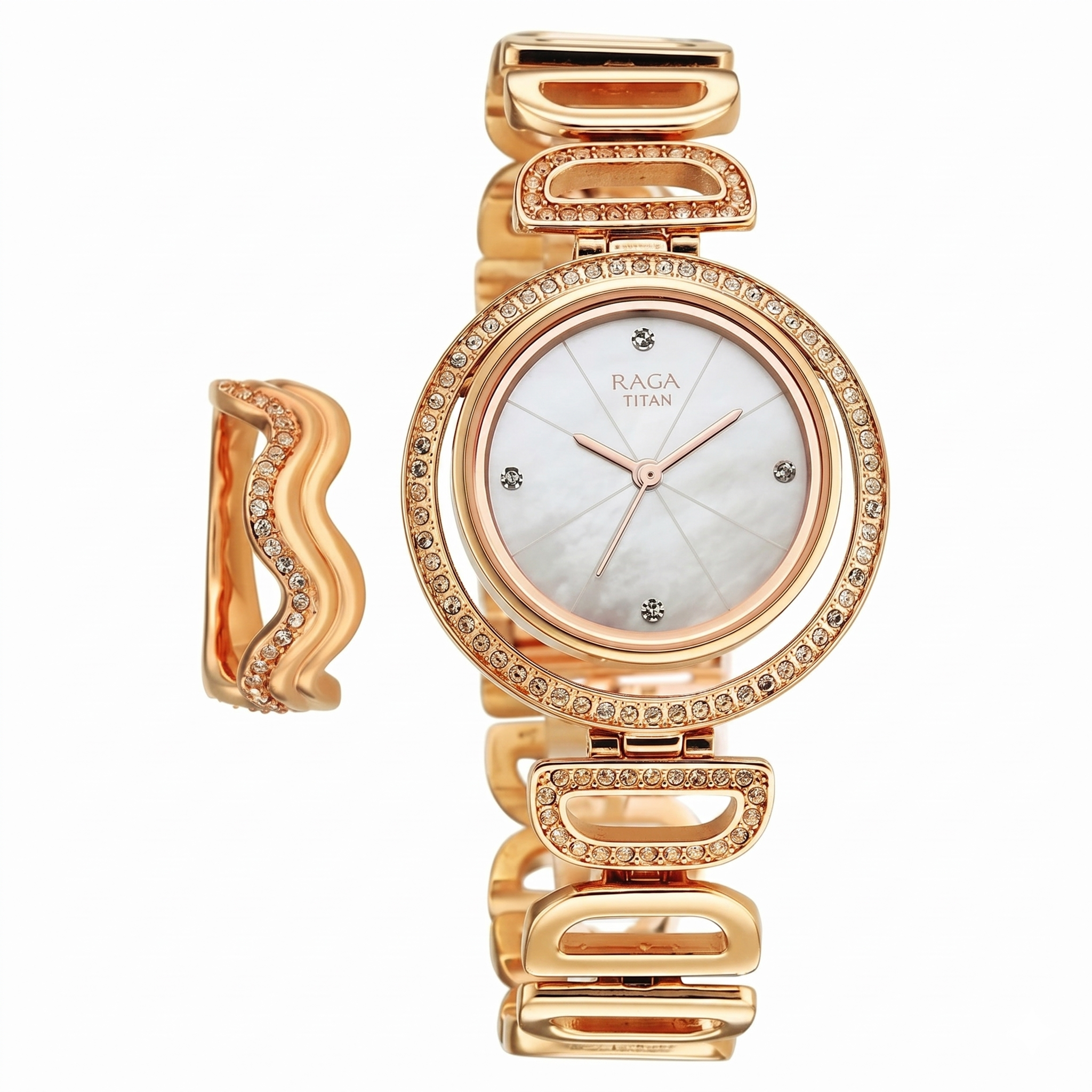 Titan 95329WM01F | Titan Raga Glimmers Quartz Analog Mother of Pearl Dial Rose Gold Metal Strap Watch For Women
