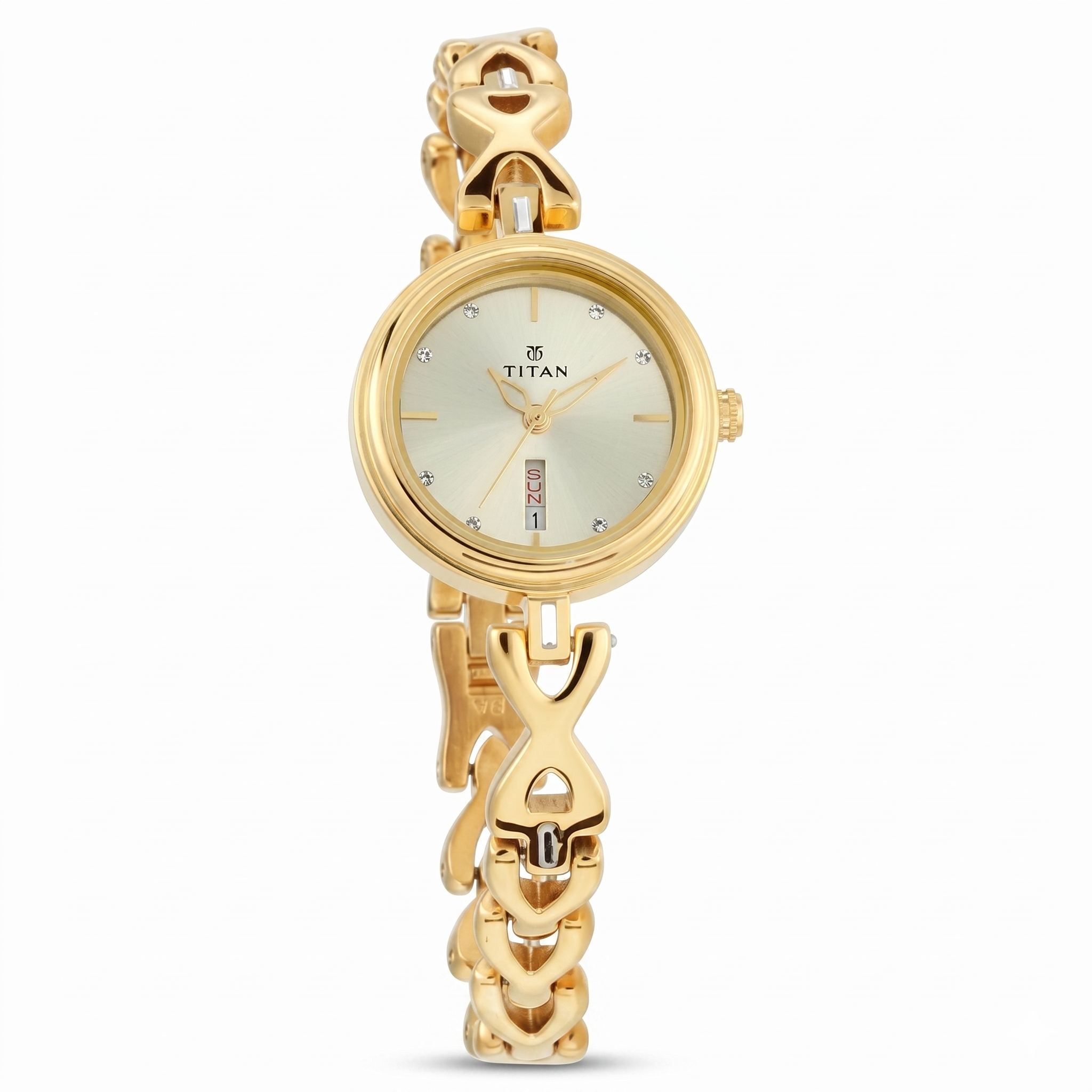 Titan 2601YM03 | Titan Quartz Analog with Day and Date Champagne Dial Metal Strap Watch for Women