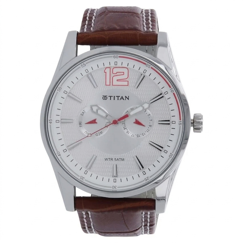 Titan 9322SL06 | Titan Quartz Multifunction Silver Dial Leather Strap Watch for Men