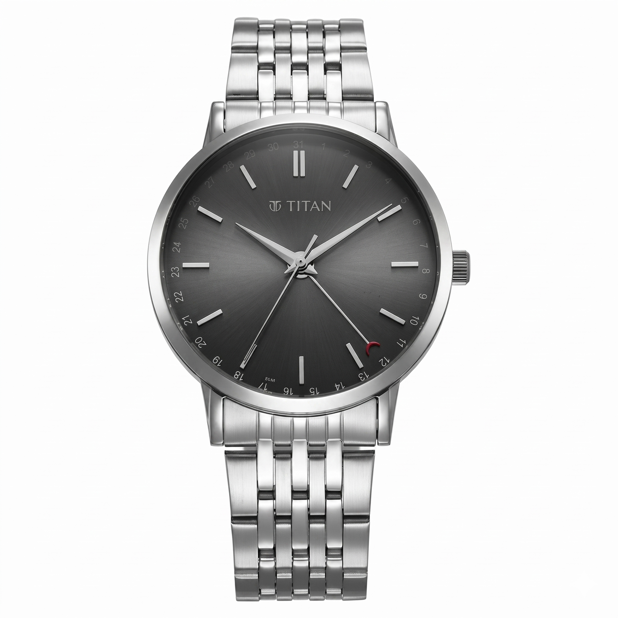 Titan 90202SM01 | Titan Elegance Analog with Date by Hand and Dark Grey Dial Stainless Steel Strap Watch for Men