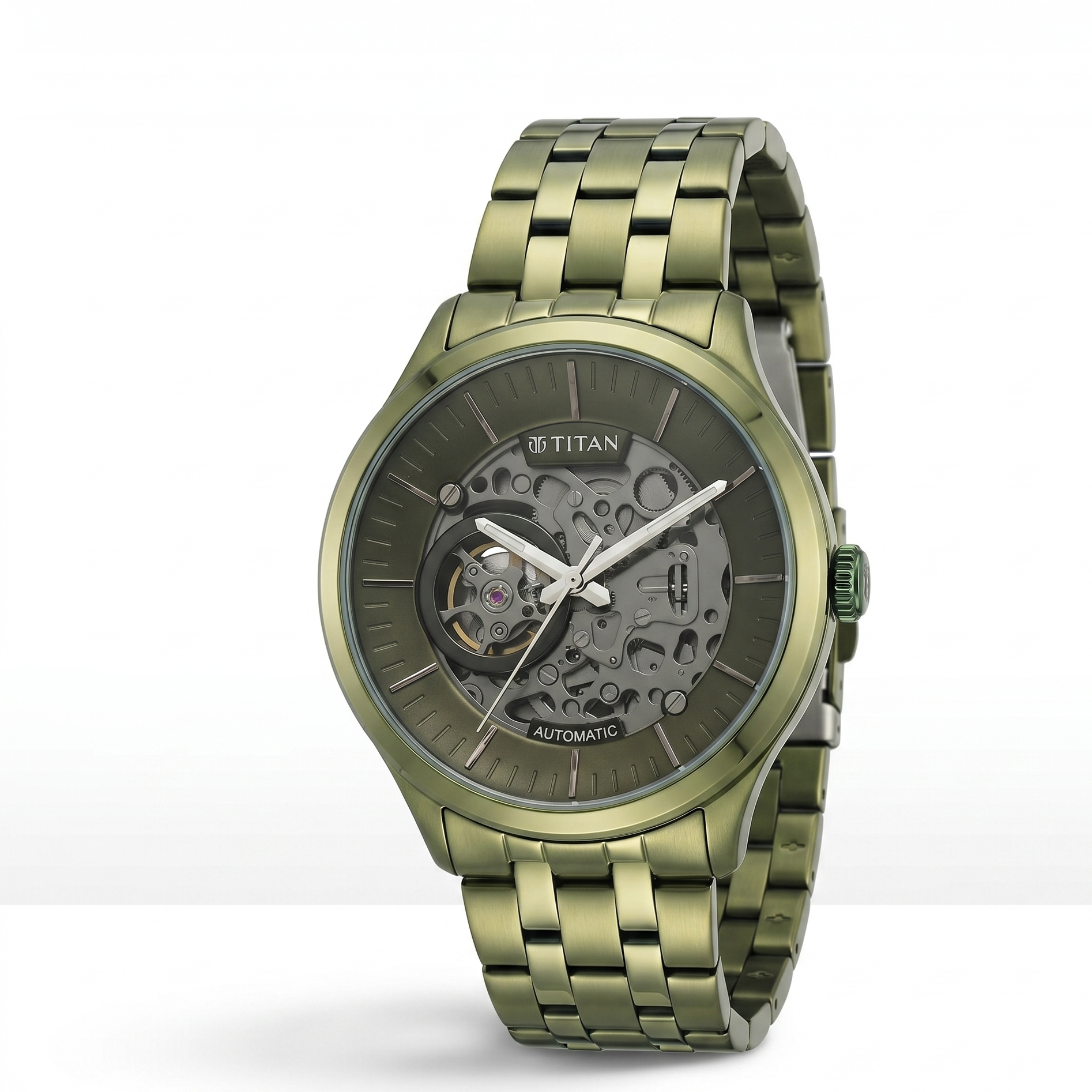 Titan 90140QM01 | Titan Metal Mechanicals Black Dial Green Stainless Steel Strap Watch for Men