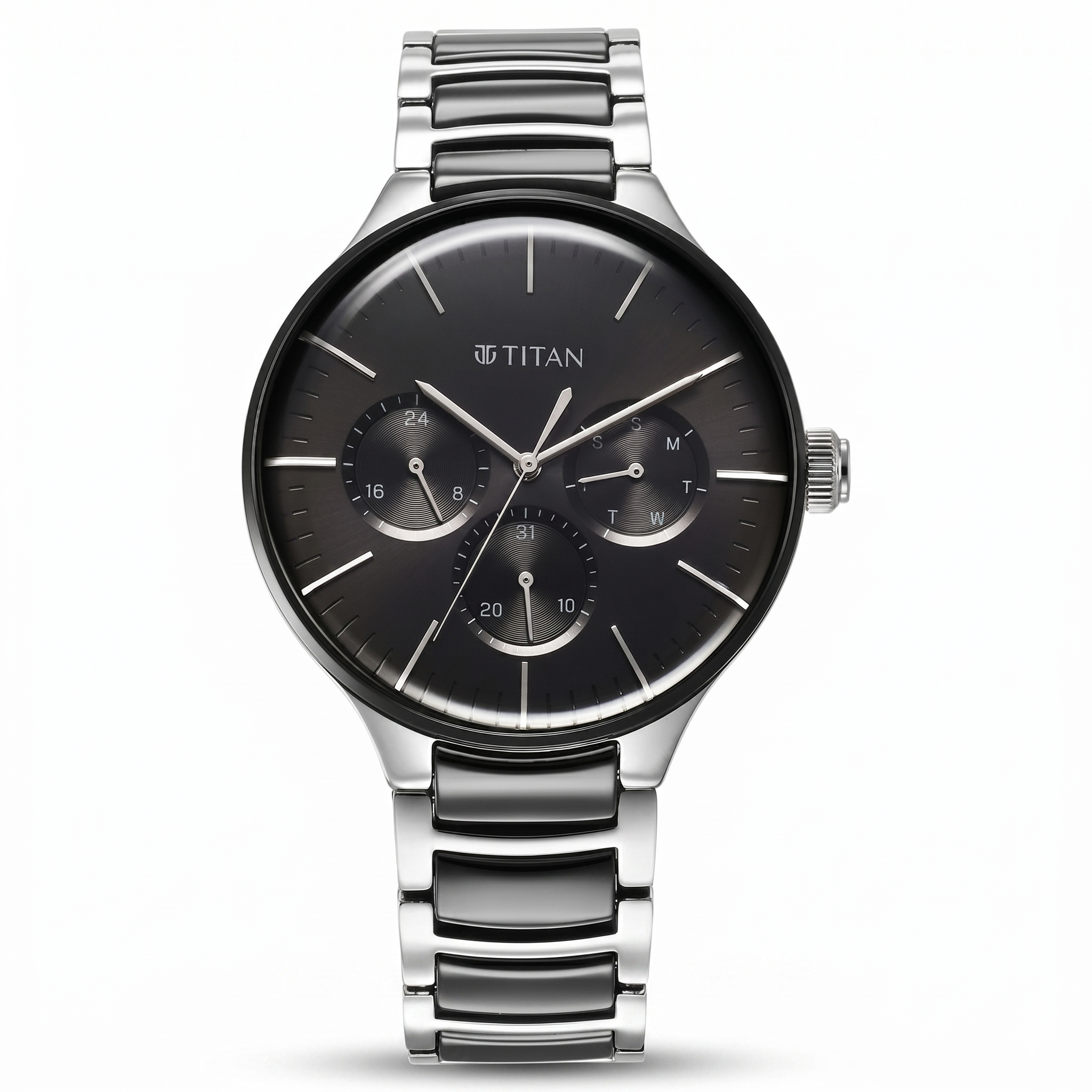 Titan 90148KD01 | Titan Ceramic Fusion Quartz Multifunction Black Dial Silver Dual-Toned Stainless Steel Bracelet Watch for Men
