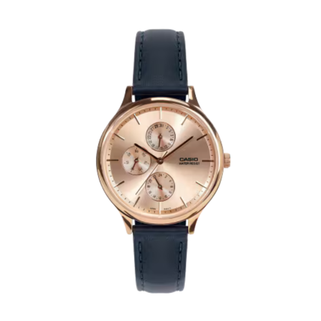 Casio LTP-SN7YRL-4A A2500 | Enticer Women Quartz Rose Gold Dial Multi-Function Leather Watch