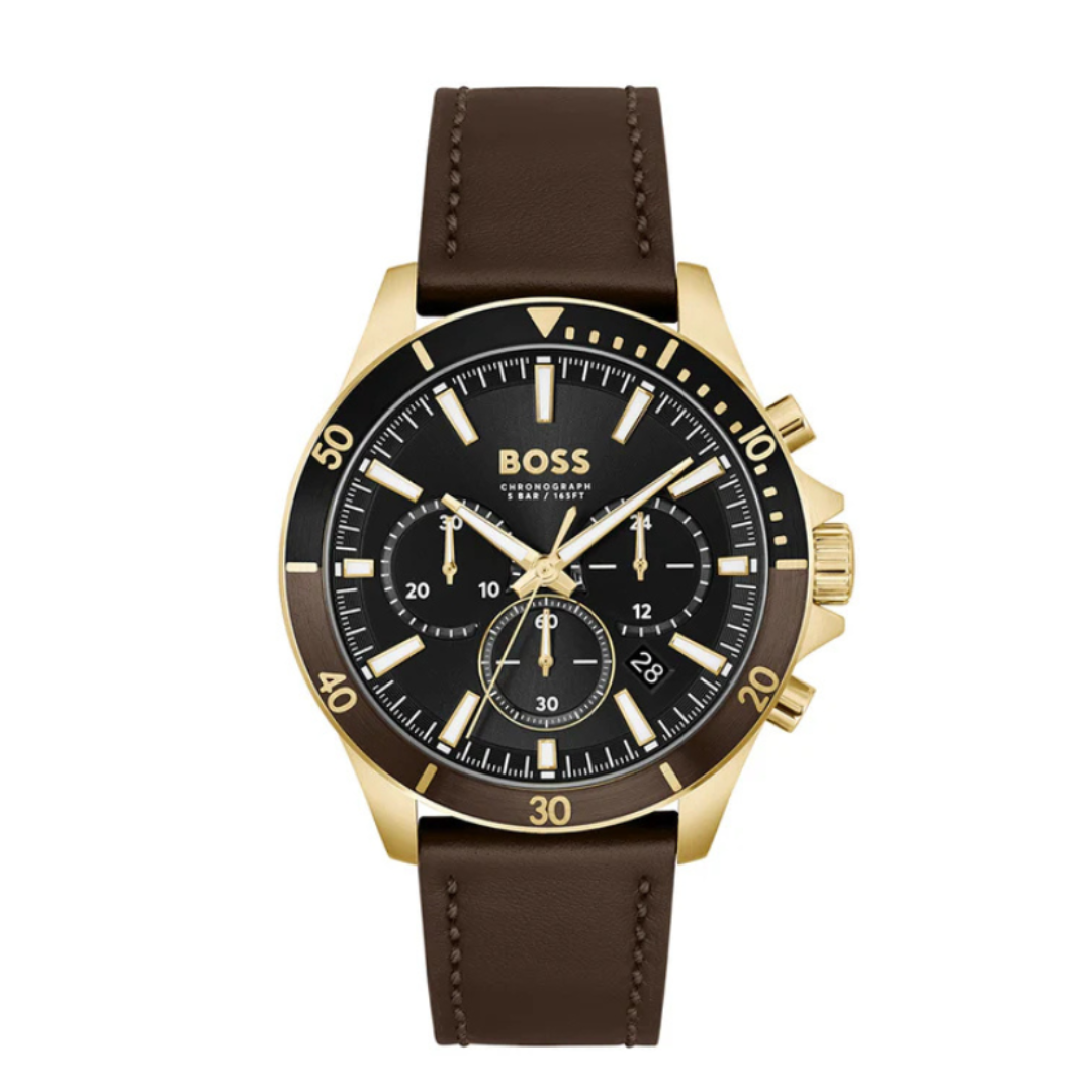 Boss 1514100 | Troper Men Quartz Black Dial Chronograph Leather Watch.