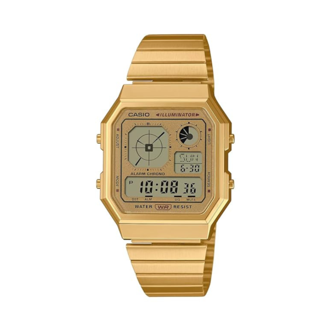 Casio A130WEG-9ADF D390 | Vintage Unisex Quartz Gold Dial Digital Stainless Steel Watch