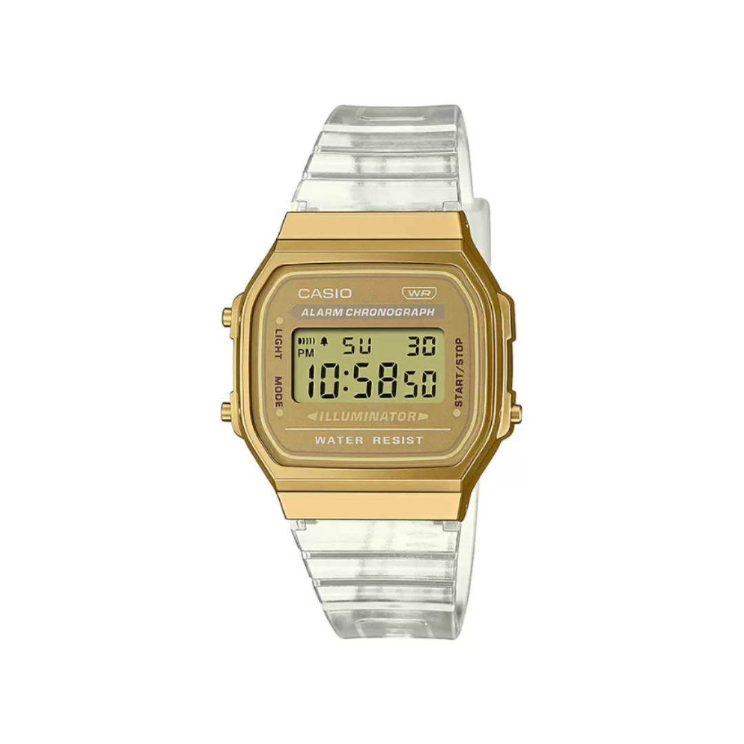 Casio A168XESG-9ADF D307 | Vintage Unisex Quartz Gold Dial Digital Resin Watch.