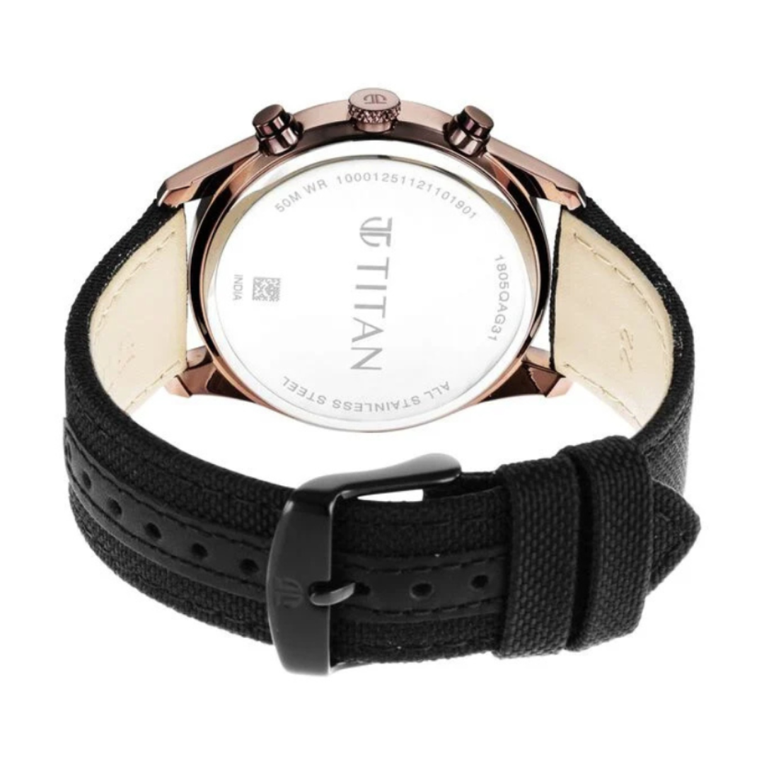 Titan 1805QP01 | Titan Men's Infinity Chrono watch: Precise Blue Dial, Rose Gold Highlights, Durable Leather Strap