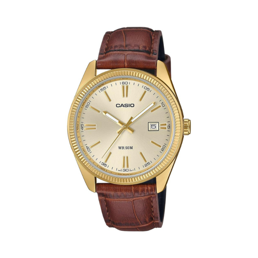 Casio MTP-1302PGL-9AVEF A2396 | Enticer Men Quartz Gold Dial Analog Leather Watch