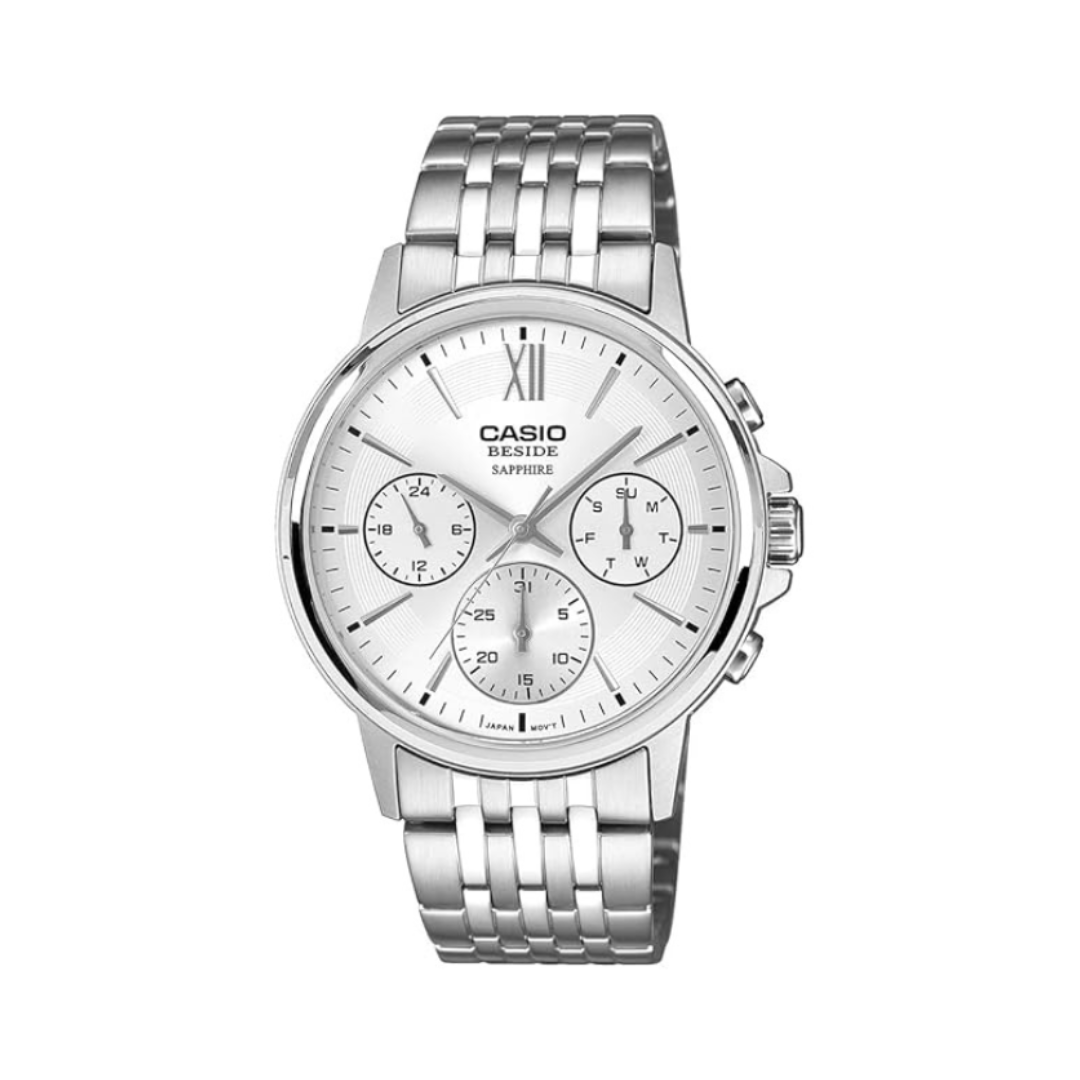 Casio BMS-300D-7AVDF A2542 | Men Quartz White Dial Chronograph Stainless Steel Watch