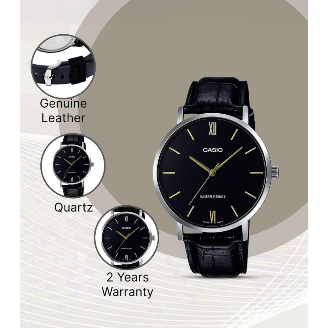 Casio MTP-VT01L-1BUDF A1615 | Enticer Men Quartz Black Dial Analog Leather Watch