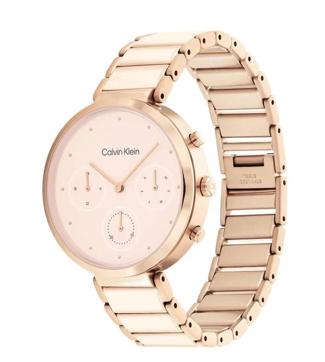 Calvin Klein 25200283 | Minimalistic T-Bar Women Quartz Pink Dial Chronograph Stainless Steel Watch.