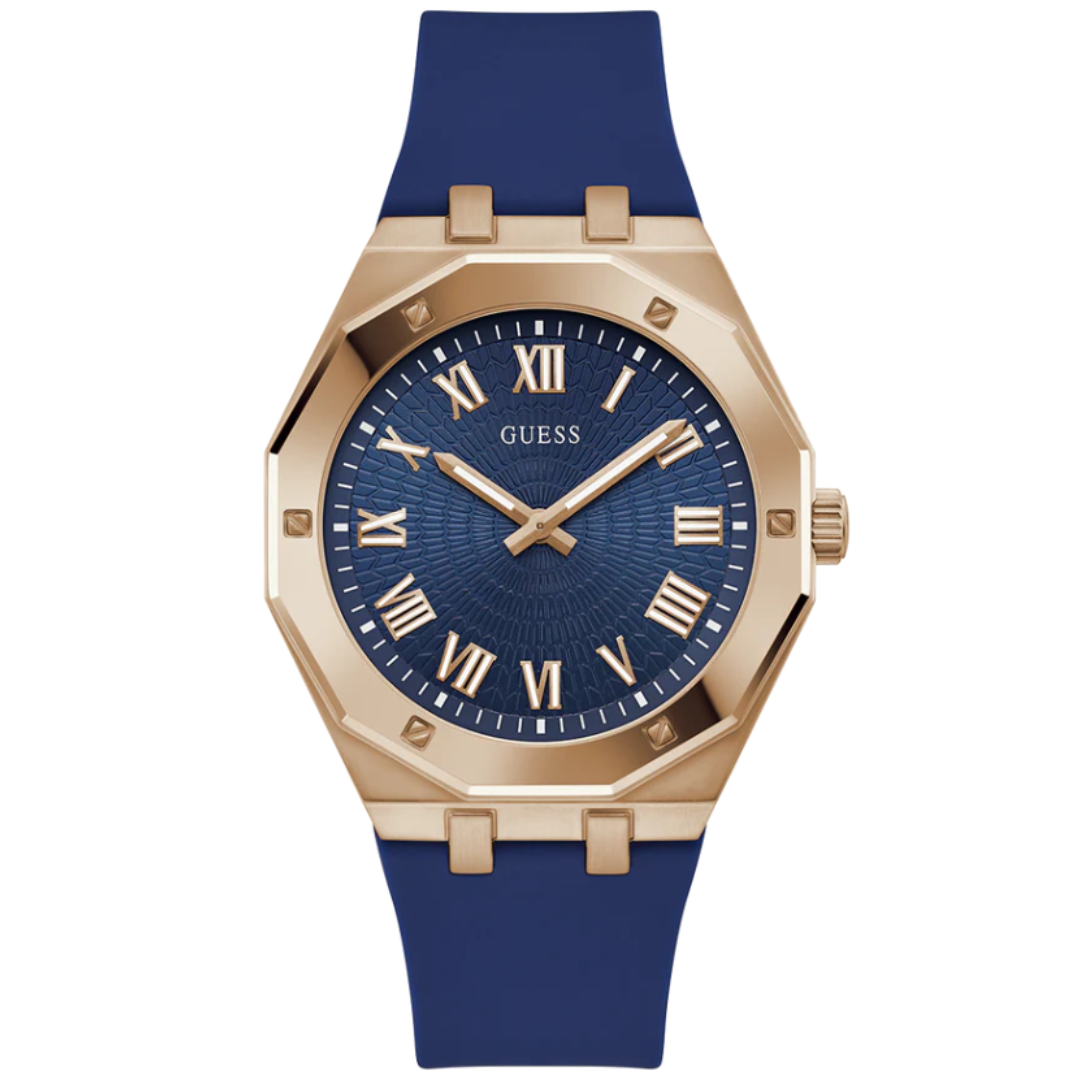 Guess GW0663G3 | ASSET Men Blue Round Dial Analog Watch Leather Strap.
