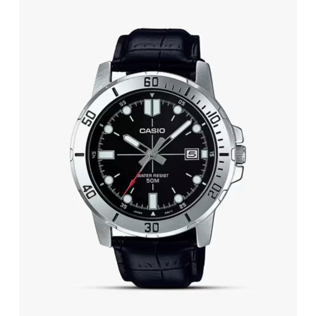 Casio MTP-VD01L-1EVUDF A1371 | Enticer Men Quartz Black Dial Analog Leather Watch.